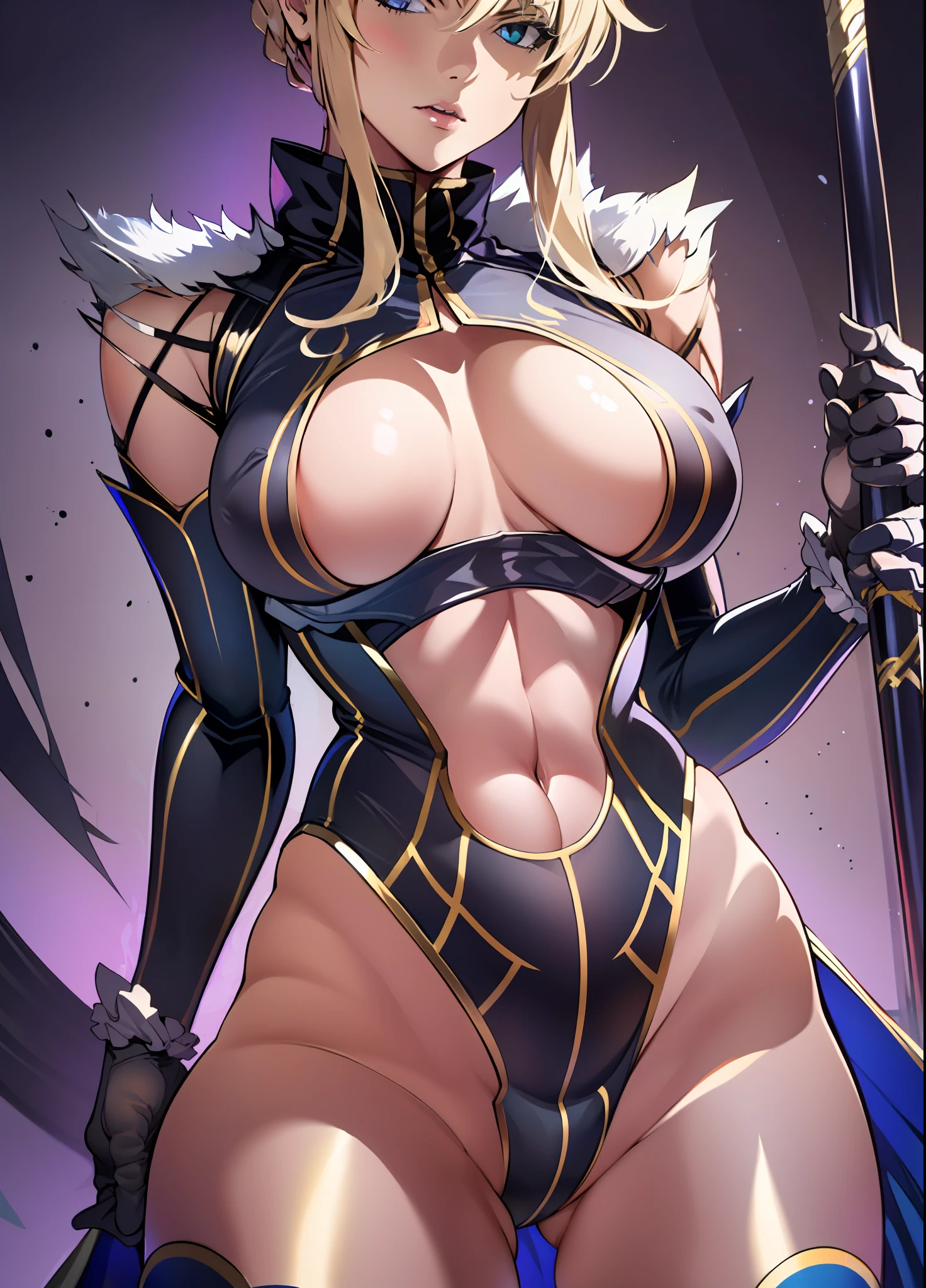 Artoria Pendragon \(lancer alter\) \(fate\), a 1girl, underboob, big chest, ribbed_leotard, black clothes, wide thighs, side_slit