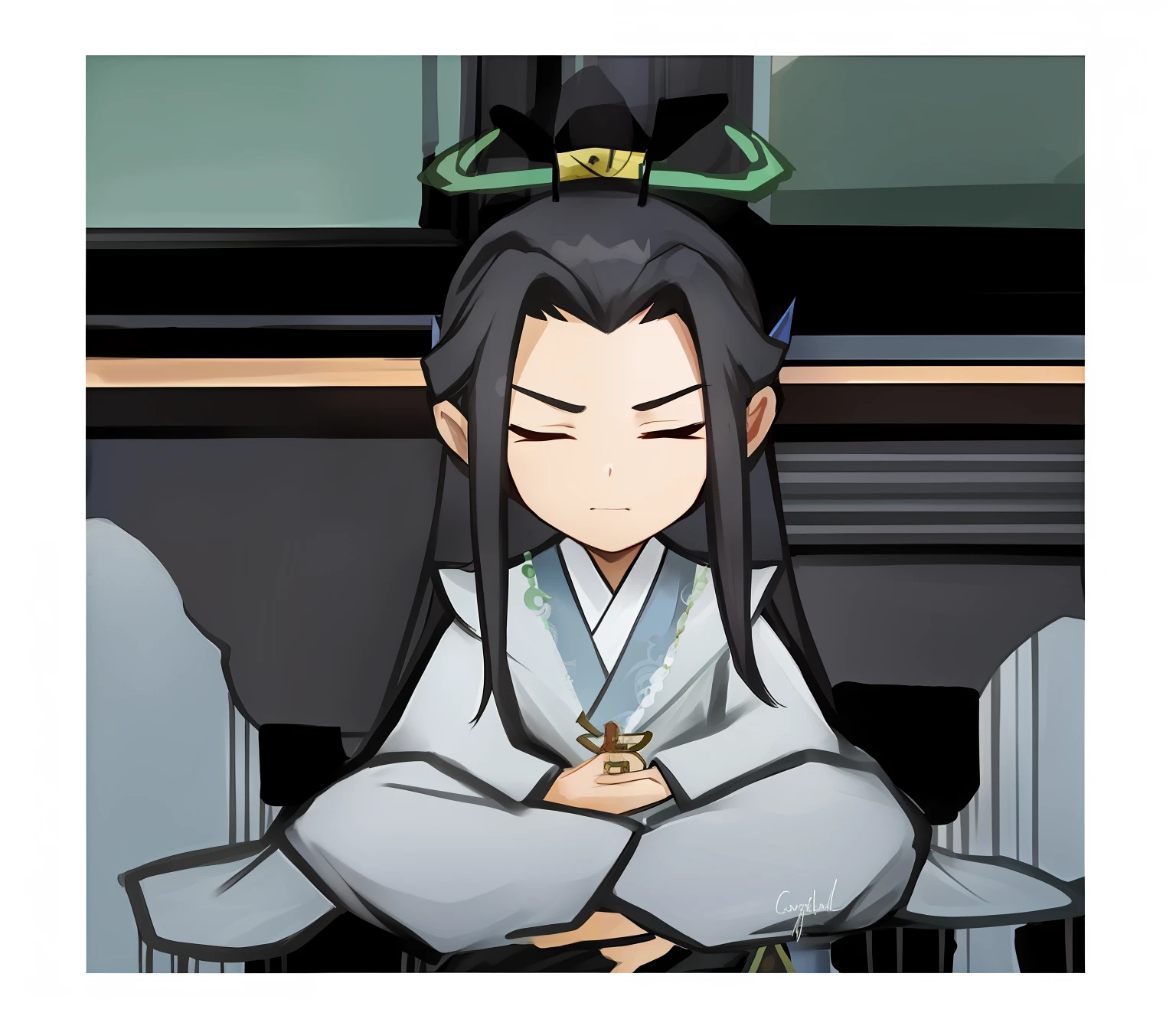 Chibi T-Shi，Um corpo inteiro， Blue background
 Traptrixallomerus，Long-haired fairy boy，Long coat，Sitting cross legged，Close your eyes，Fold your hands over your legs，Sit，Cute and handsome face，There is a jade hairpin on his head，