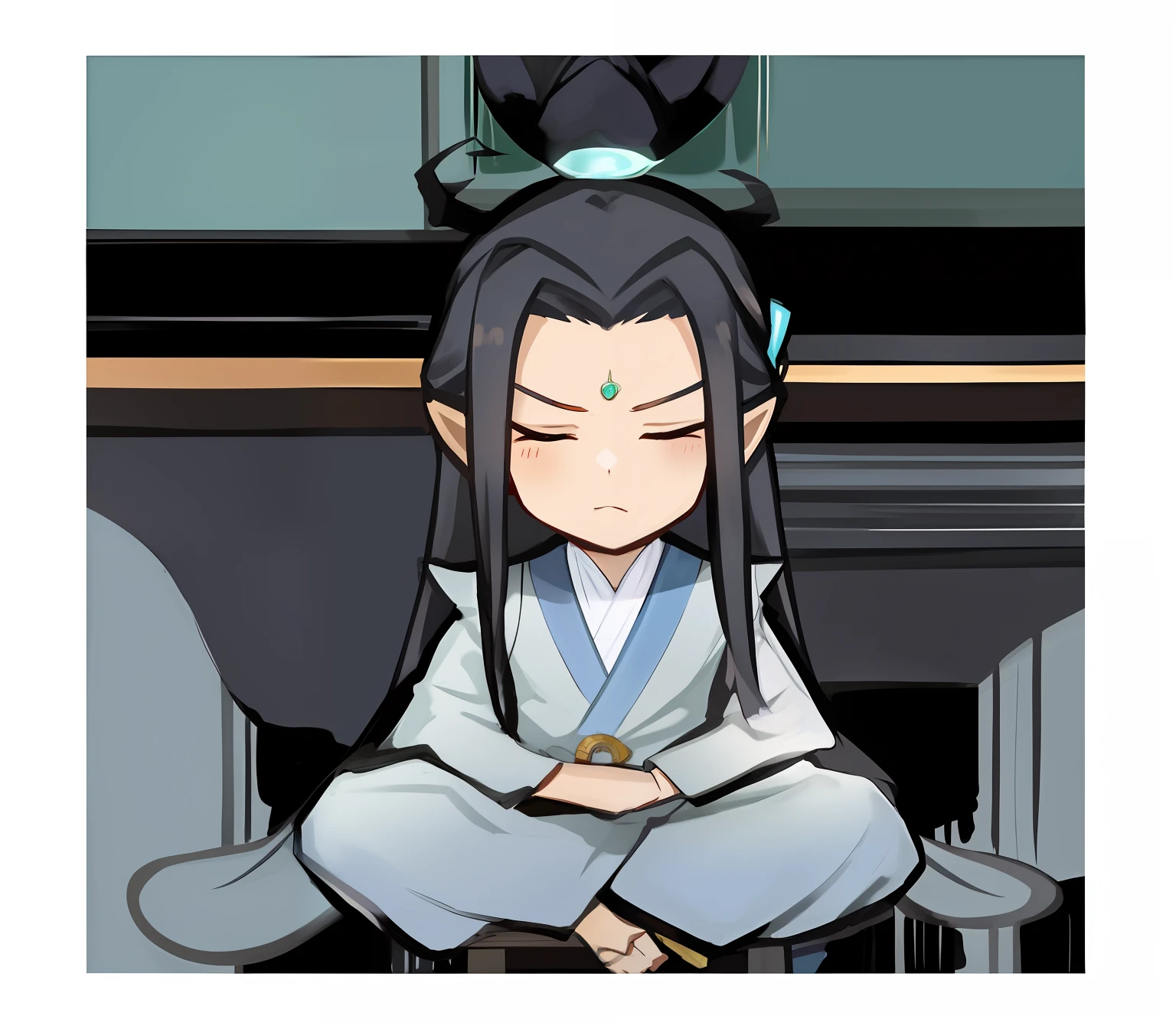 Chibi T-Shi，Um corpo inteiro， Blue background
 Traptrixallomerus，Long-haired fairy boy，Long coat，Sitting cross legged，Close your eyes，Fold your hands over your legs，Sit，Cute and handsome face，There is a jade hairpin on his head，