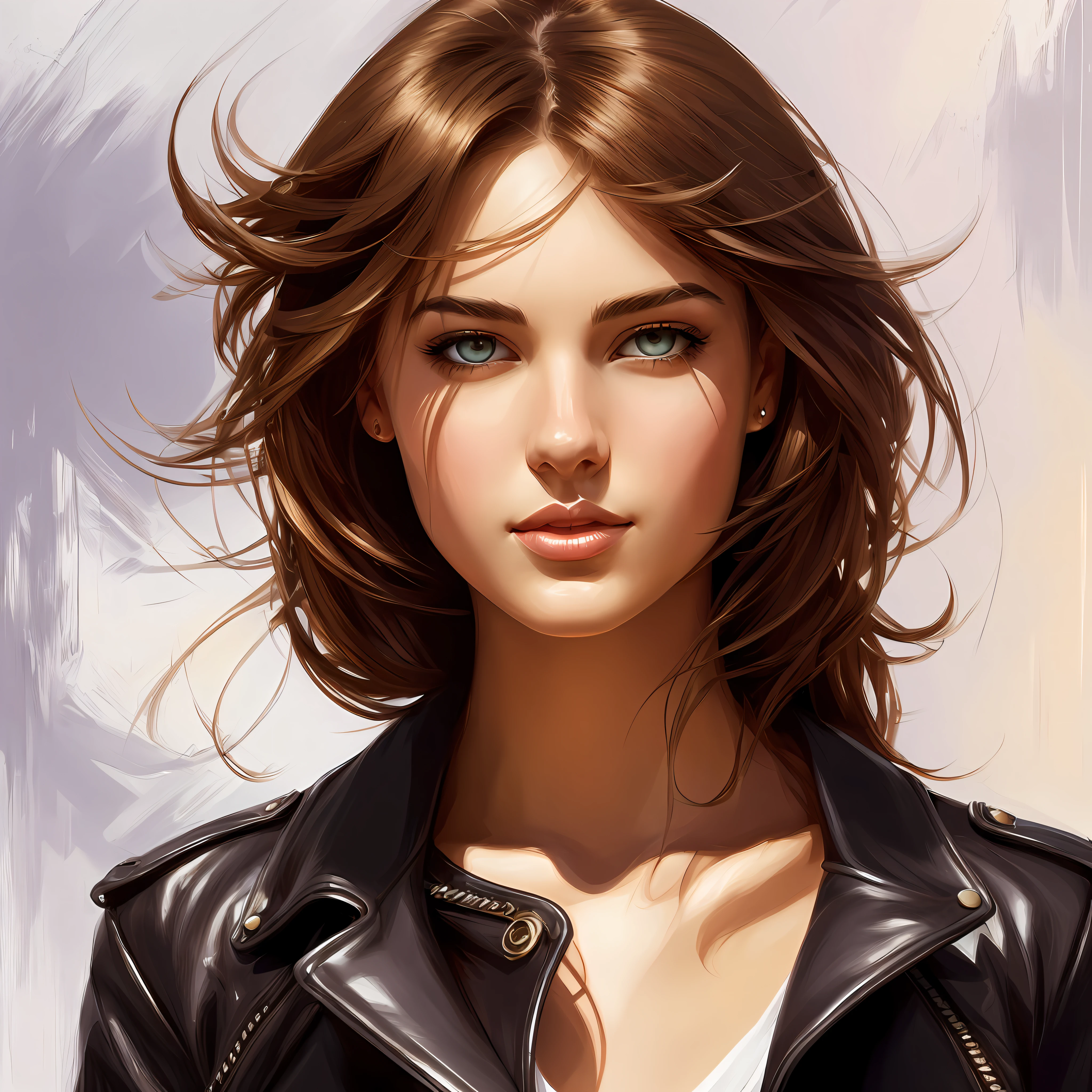 photorealism, half body portrait of a young woman, 20 years old. beautiful realistic eyes; fantastic face, Caucasian, beautiful look, leather jacket, Michael Garmash, Daniel F Gerhartz, Storybook style, warm dreamy lighting, white background, volumetric lighting, pulp adventure style, fluid acrylic, dynamic gradients, vivid color, illustration, highly detailed vector curves, simple, smooth and clean, vector art, smooth, Johan Grenier, character design, 3d shading, cinematic, ornate patterns, elegant organic framing, hyperrealism, posterized, collection of masterpieces, lush vivid colors, twilight, wet gouache --auto