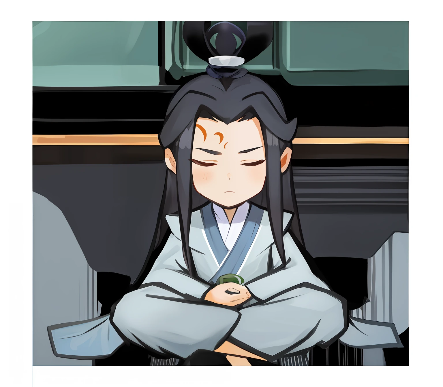 Chibi T-Shi，Um corpo inteiro， Blue background
 Traptrixallomerus，Long-haired fairy boy，Long coat，Sitting cross legged，Close your eyes，Fold your hands over your legs，Sit，Cute and handsome face，There is a jade hairpin on his head，