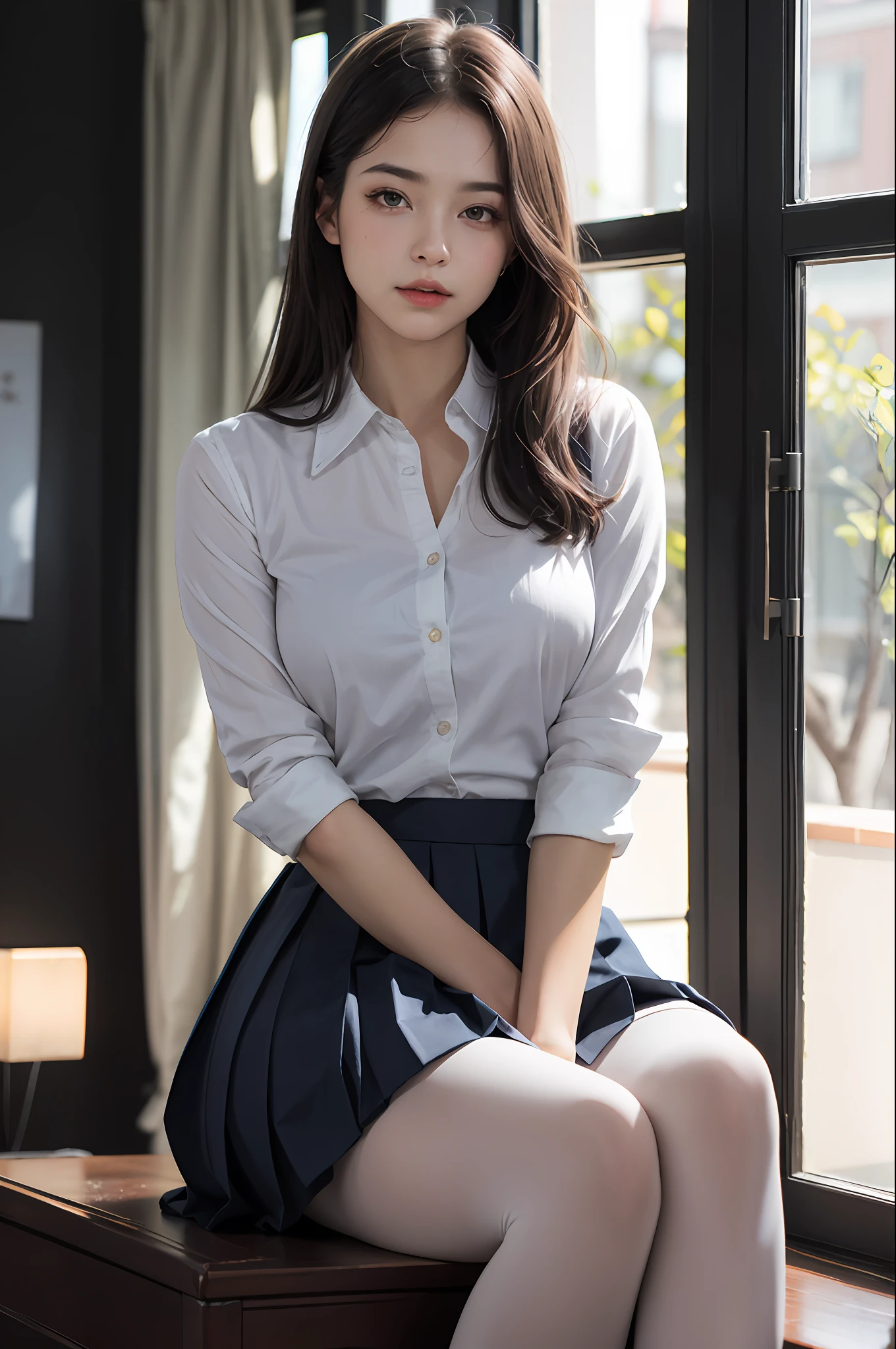 ultra realistic 8k cg, picture-perfect face, flawless, clean, masterpiece, professional artwork, famous artwork, perfect face, beautiful face, beautiful eyes, ((perfect female body)), solo,(immersive atmosphere, chiaroscuro:1.5,bright light:1.2,luminous lighting)
,,(blush:0.5),seductive expression,extremely detailed_eyes,thick thighs,large breasts,
beautifully detailed background,depth of field,realistic:1.3, long shot,1girl,shirt,pleated skirt, school uniform, sitting, full body, 
(ambient light:1.3),(cinematic composition:1.3),(neon lights:0.1),(HDR:0.1),Accent Lighting, white pantyhose,