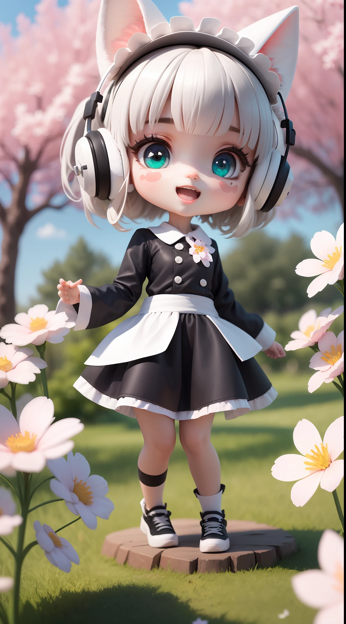 (masterpiece),(best quality),(ultra-detailed), (full body:1.2),
1girl,chibi,cute, smile, open mouth,
flower, outdoors, playing guitar, blush, tree, :3, shirt, short hair, cherry blossoms, green headwear, blurry, brown hair, blush stickers, long sleeves, bangs, headphones, black hair, pink,Wallpaper, phone wallpaper, Daily wallpaper, Q version, Anime hand-drawn, anime characters, Three heads, white hair, maid headdress, wide eyes, fox ears, bright pupils, anime, blind box toy style, perspective, Eye-Level Shot, UHD, retina, masterpiece, ccurate, textured skin, super detail, best quality, highres, HD, 4K, 8k
(beautiful detailed face), (beautiful detailed eyes),