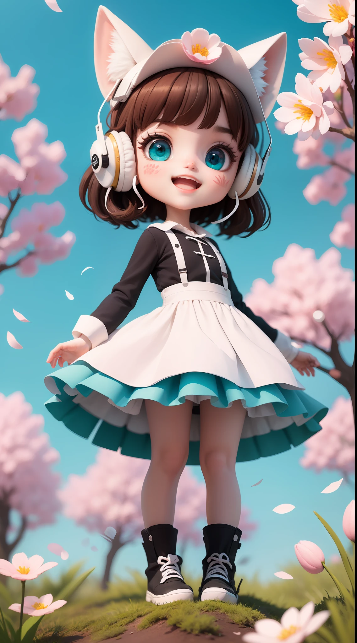 (masterpiece),(best quality),(ultra-detailed), (full body:1.2),
1girl,chibi,cute, smile, open mouth,
flower, outdoors, playing guitar, blush, tree, :3, shirt, short hair, cherry blossoms, green headwear, blurry, brown hair, blush stickers, long sleeves, bangs, headphones, black hair, pink,Wallpaper, phone wallpaper, Daily wallpaper, Q version, Anime hand-drawn, anime characters, Three heads, white hair, maid headdress, wide eyes, fox ears, bright pupils, anime, blind box toy style, perspective, Eye-Level Shot, UHD, retina, masterpiece, ccurate, textured skin, super detail, best quality, highres, HD, 4K, 8k
(beautiful detailed face), (beautiful detailed eyes),