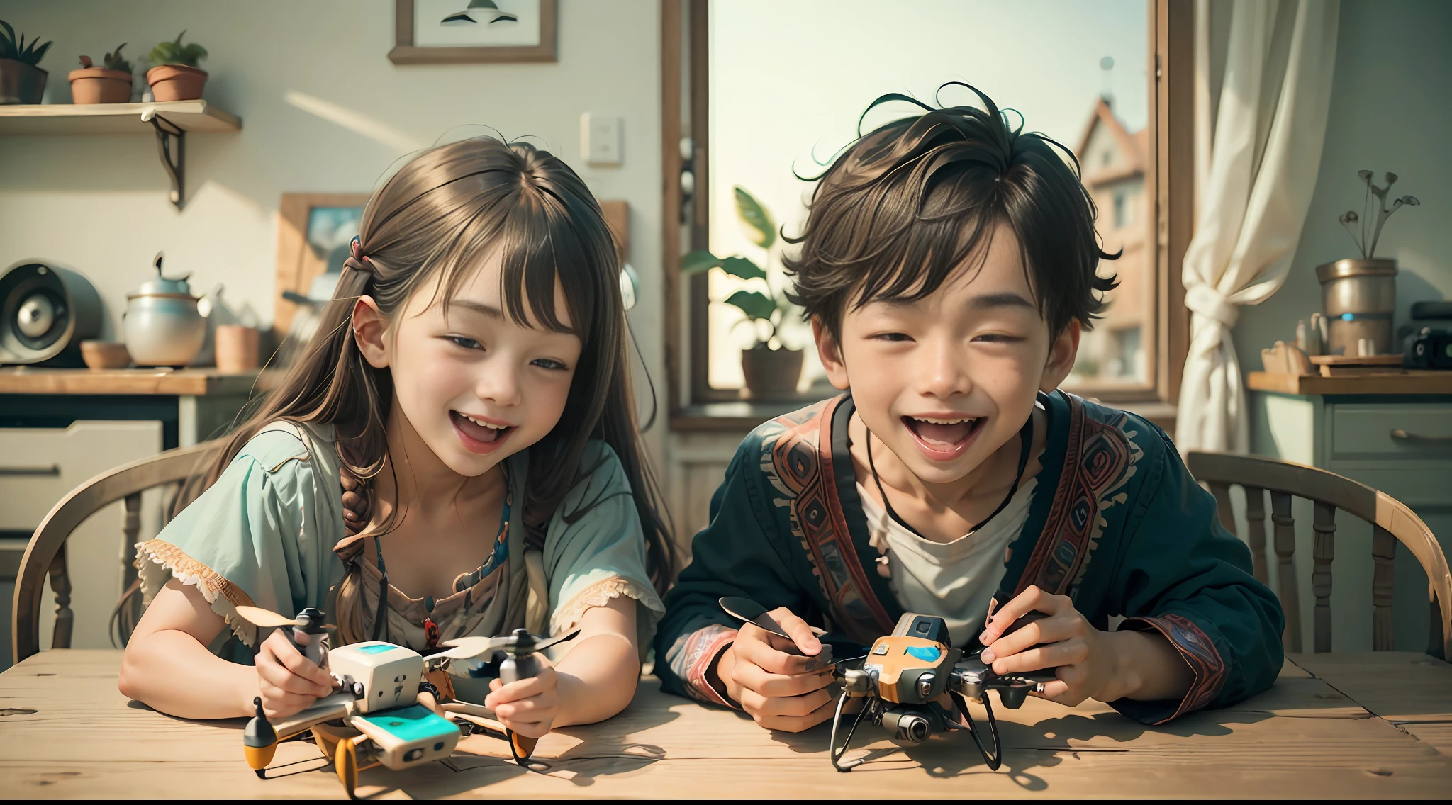 bohoai (happy boy and girl) playing with drone, ((good face)), ((happy face)), drones on the table, hand holding drone, house behind, focus face detail