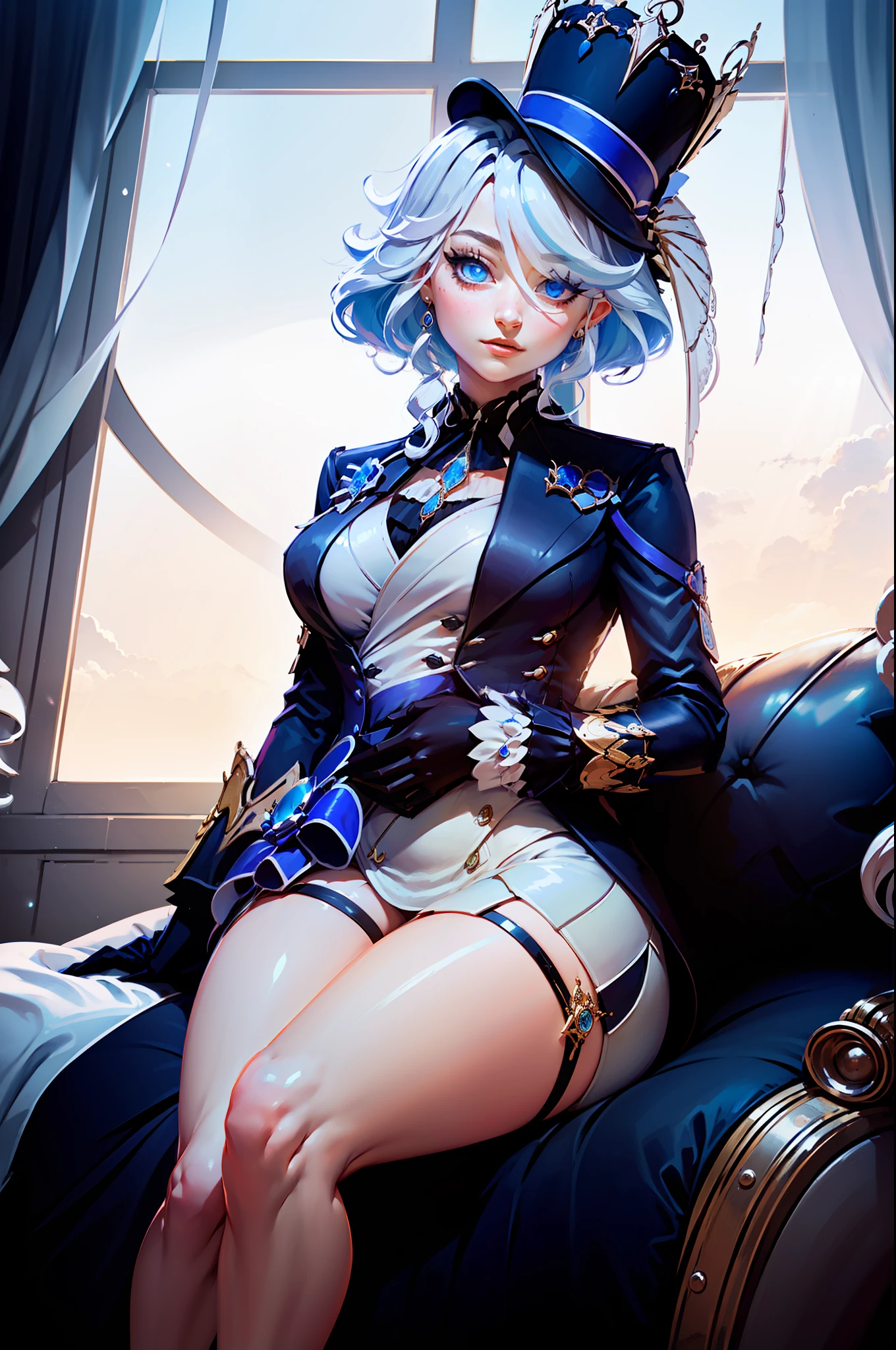((masterpiece, best quality)),
st. louis \(luxurious wheels\) \(azur lane\), highres, highest quallity, illustration, cinematic light, ultra detailed, detailed face, (detailed eyes), best quality, hyper detailed, masterpiece, (detailed face), large breasts, hair ornament, earrings, necklace, portrait, silver dress, revealing clothes,highest details, luminous eyes, (hotel:1.2), sitting in bed, sitting, bed, window, night sky, backlighting, light rays, (high contrast), (colorful),