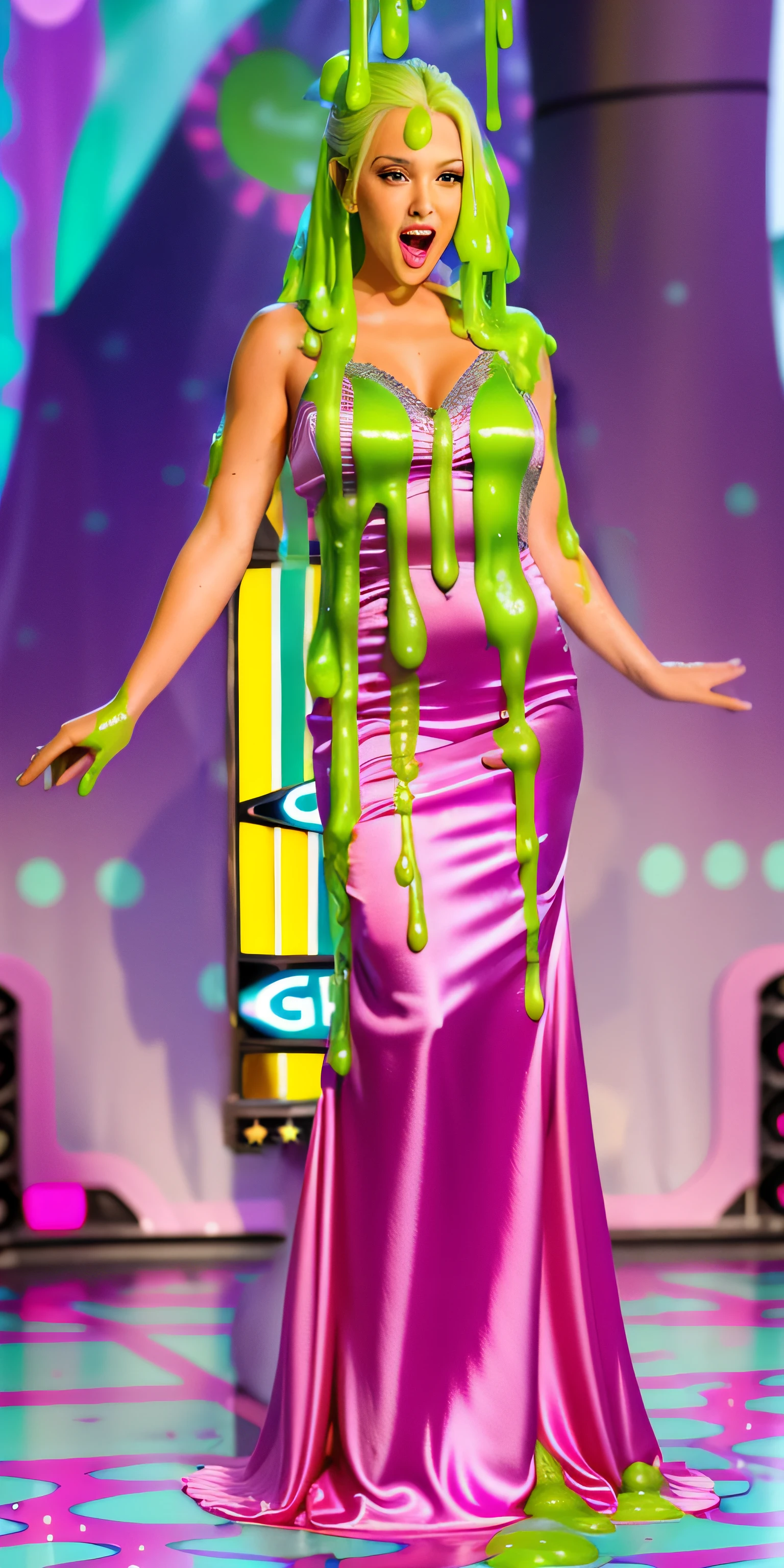 messy green slime dripping over a beautiful prom queen wearing a sexy pink satin prom dress, ((pleating)), v neck, (nickelodeon slime), ((pink satin dress)), messy slime dripping, slimed woman, ((slime oozing on dress)), blonde hair, she is wearing a beautiful hot pink ((satin)) prom dress, (full length satin dress), high-gloss, intricate beading details, silver beading, v-neck, (pleated cups), (background is a colorful game show studio), solo, 1woman