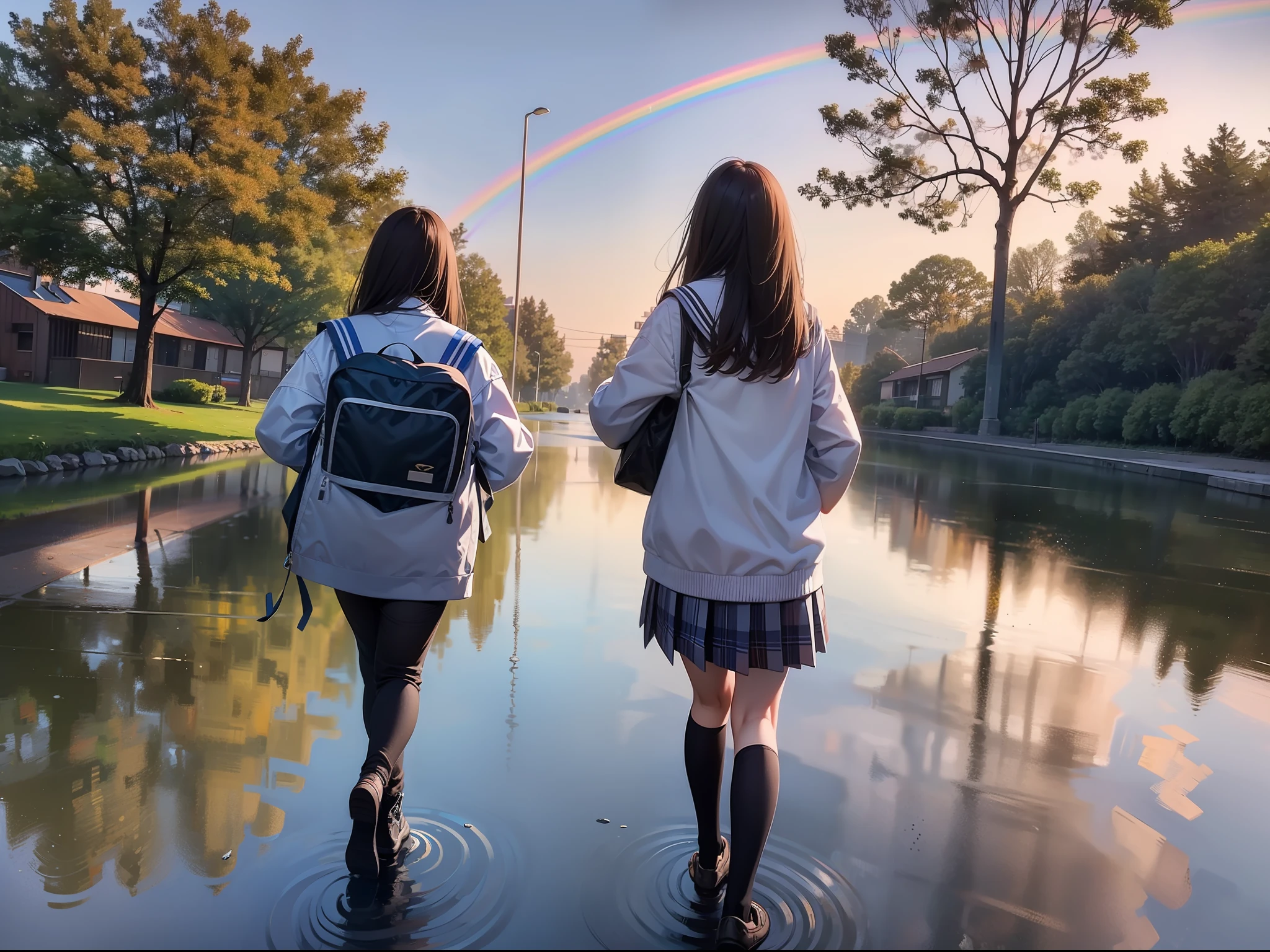 a female and a male, they are two students, wearing school uniform, lonely, rainny, around school, trees are beside the road, poddle of water reflectiing these two people, reflecting, a rainbow is on the sky, polar opposites, symmetry, panorama, perspective, ray tracing, reflection light, depth of field, close-up, masterpiece, best quality, high details, high quality, textured skin, ccurate, UHD, HD