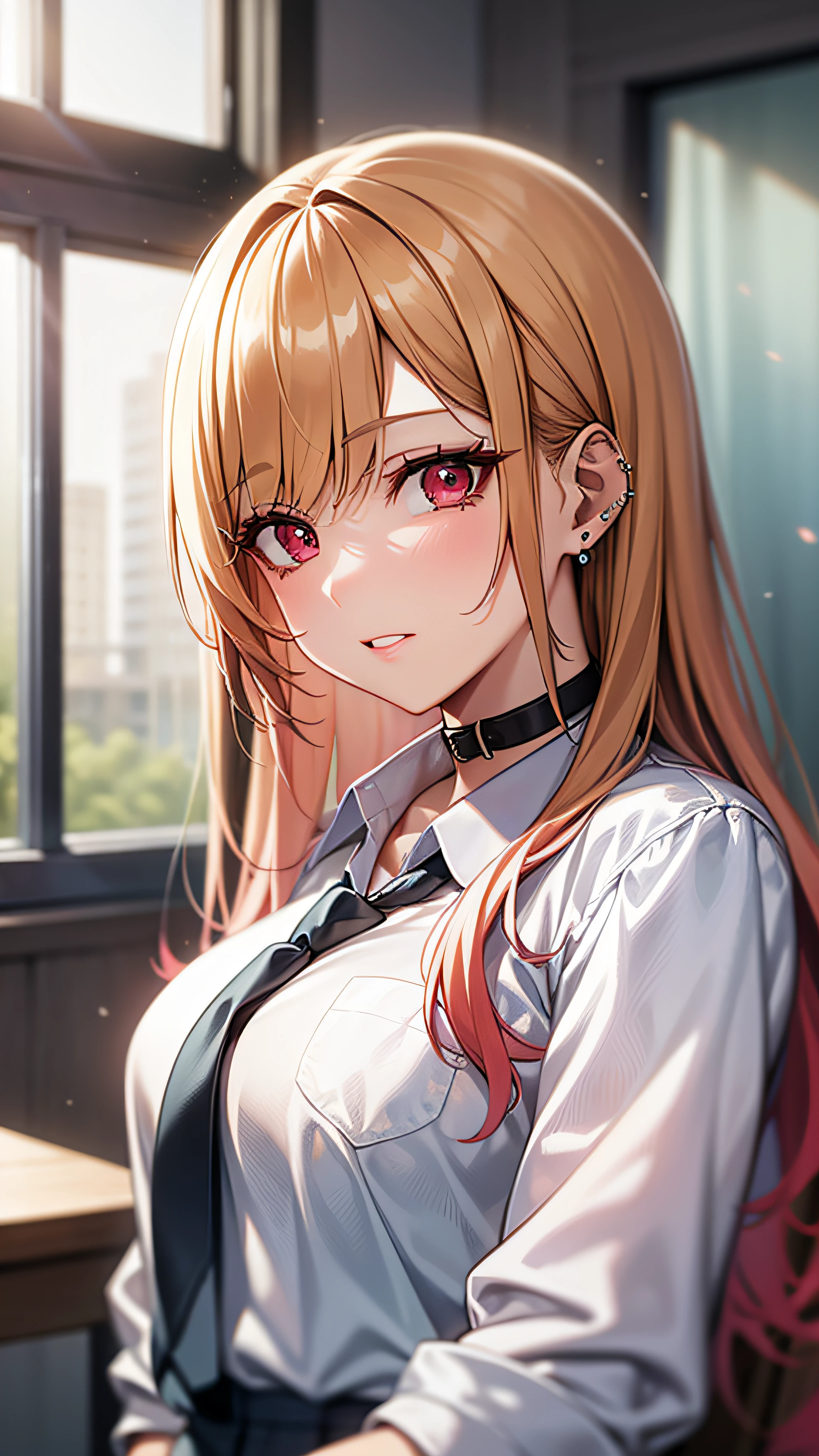 marinkitagawa, marin kitagawa, blonde hair, choker, ear piercing, earrings, long hair, piercing, (red eyes:1.5), straight hair, swept bangs,
BREAK black necktie, long sleeves, pleated skirt, school uniform, shirt, skirt, sleeves rolled up, white shirt,
BREAK indoors, classroom,
BREAK looking at viewer, BREAK (masterpiece:1.2), best quality, high resolution, unity 8k wallpaper, (illustration:0.8), (beautiful detailed eyes:1.6), extremely detailed face, perfect lighting, extremely detailed CG, (perfect hands, perfect anatomy),