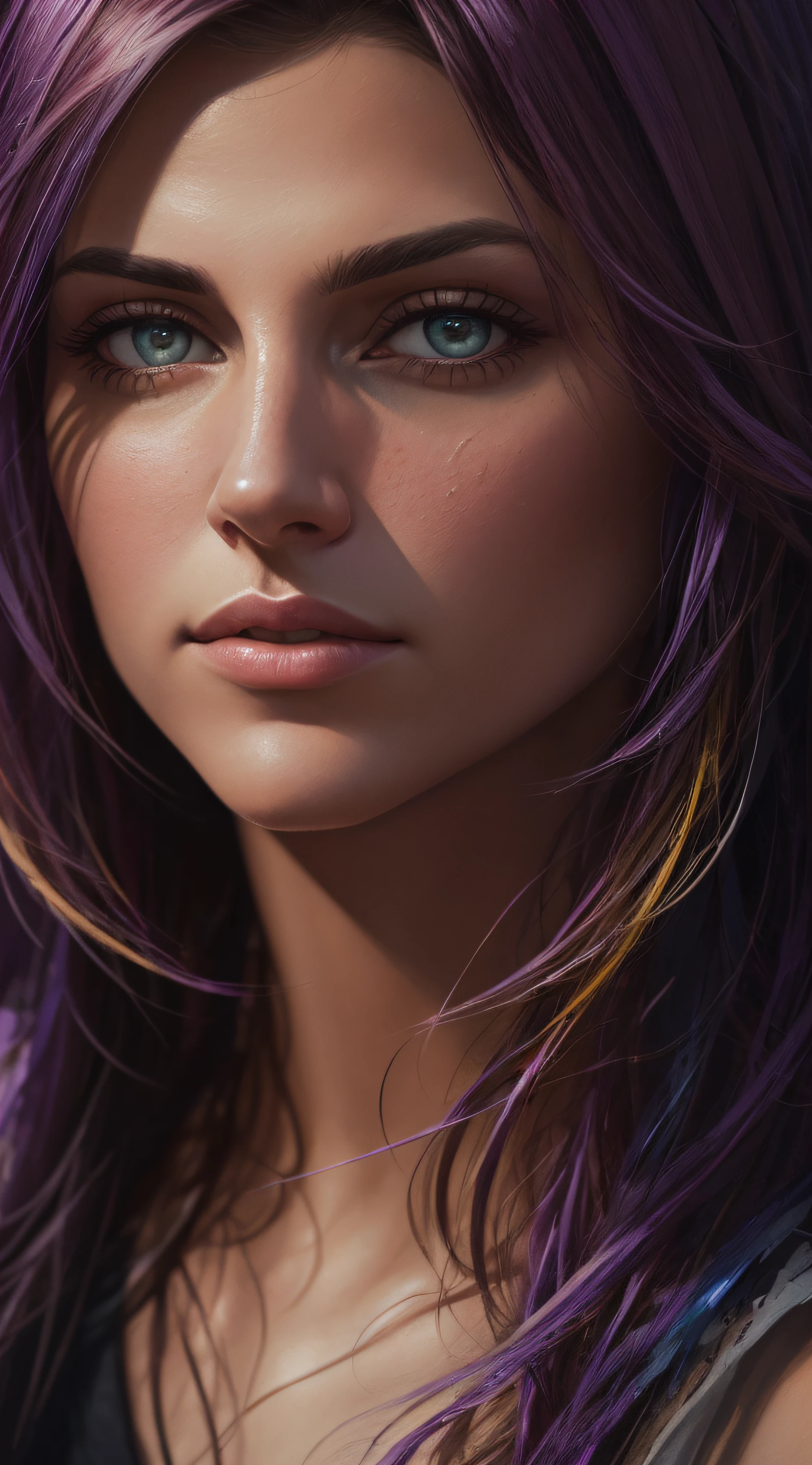 Jennifer Esposito, messy hair, oil painting, rosto perfeito com pele lisa e rosto perfeito, cores azuis amarelas, light purple and violet additions, light red additions, detalhes intrincados, tela inicial, 8k resolution, Masterpiece, cara linda, pintura digital artstation tinta preta fluida e fluida: 8k resolution photorealistic masterpiece: pintura de guache fluido intrincadamente detalhada: Direction: Jean Baptiste Mongue: caligrafia: acrylic: arte em aquarela, fotografia profissional, natural lighting, Volumetric lighting maximalist photoillustration: Por Marton Bobzert: , complexo, elegante, expansivo, Fantastic, cabelos ondulados, Vibrando --auto