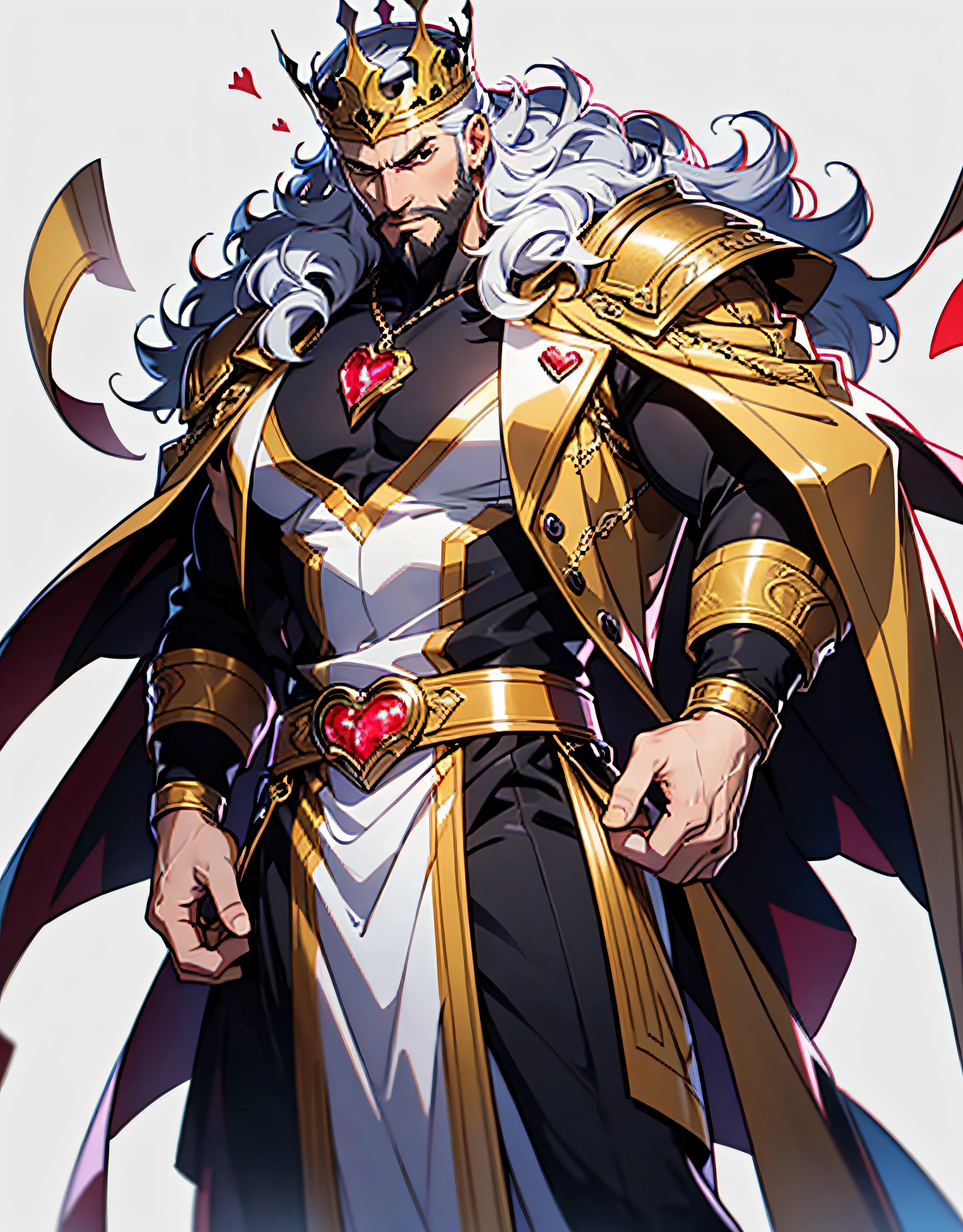 full-length, full body, 2d illustration, anime style, perfectly structured, a handsome king, (revealing) royal vests, serious expression, golden crown, curly hair, black beard, nice and perfect face, (holding a heart-shaped red crystal:1.2), skin texture, highly detailed, anime style, done in photoshop, vibrant colors, composite lighting, professional shading, (white background:1.5), (blank background:1.5), masculine shapes, manly, dynamic angle, sharp and crisp image, high quality textures, natural proportions
