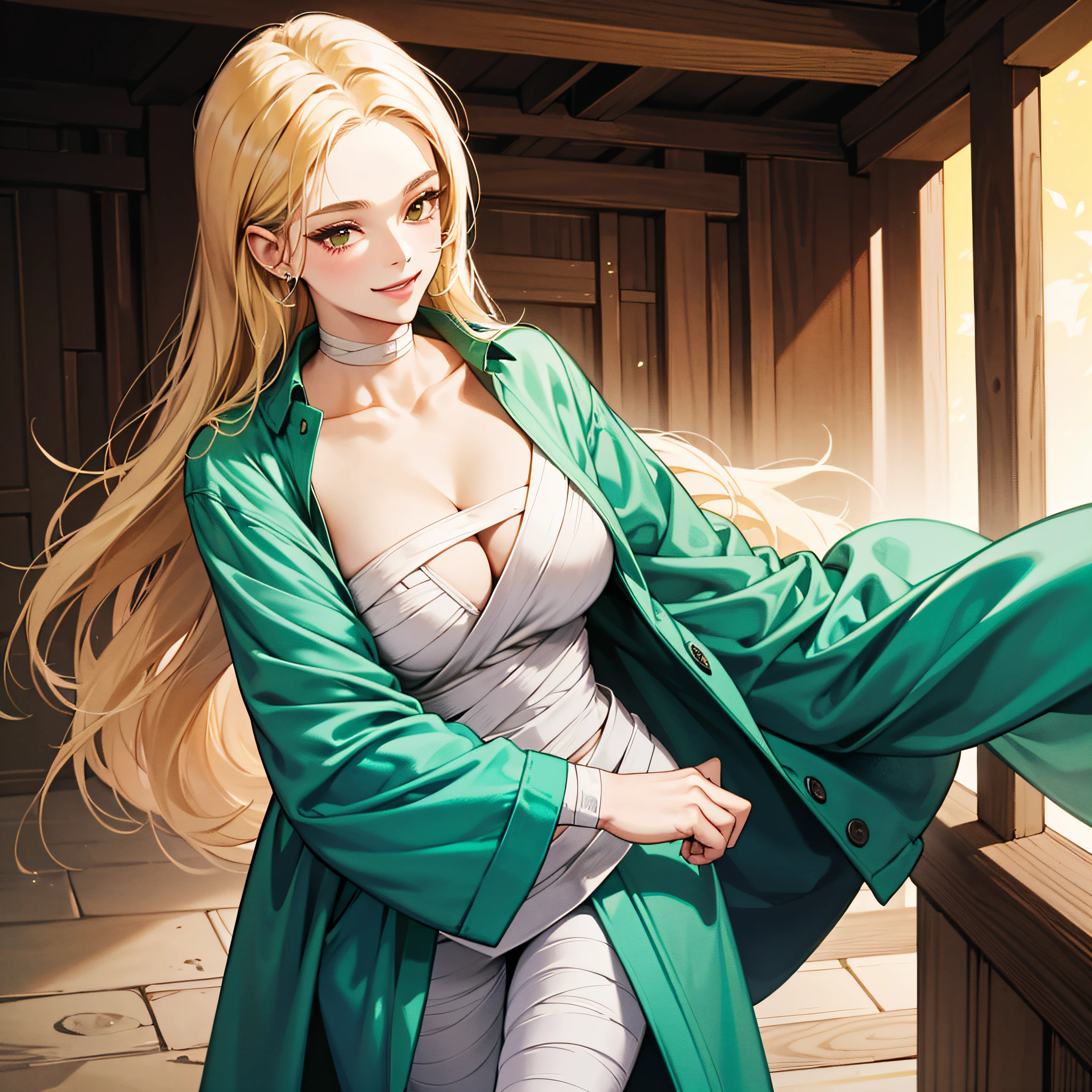 masterpiece, best quality, high contrast, professional photography, soft light, sharp focus, 1girl, smiling, tsunade, blonde hair, large breasts, mature female, blue pants, green coat, bandage on chest, beautiful brown eyes, neckline, large breasts --auto