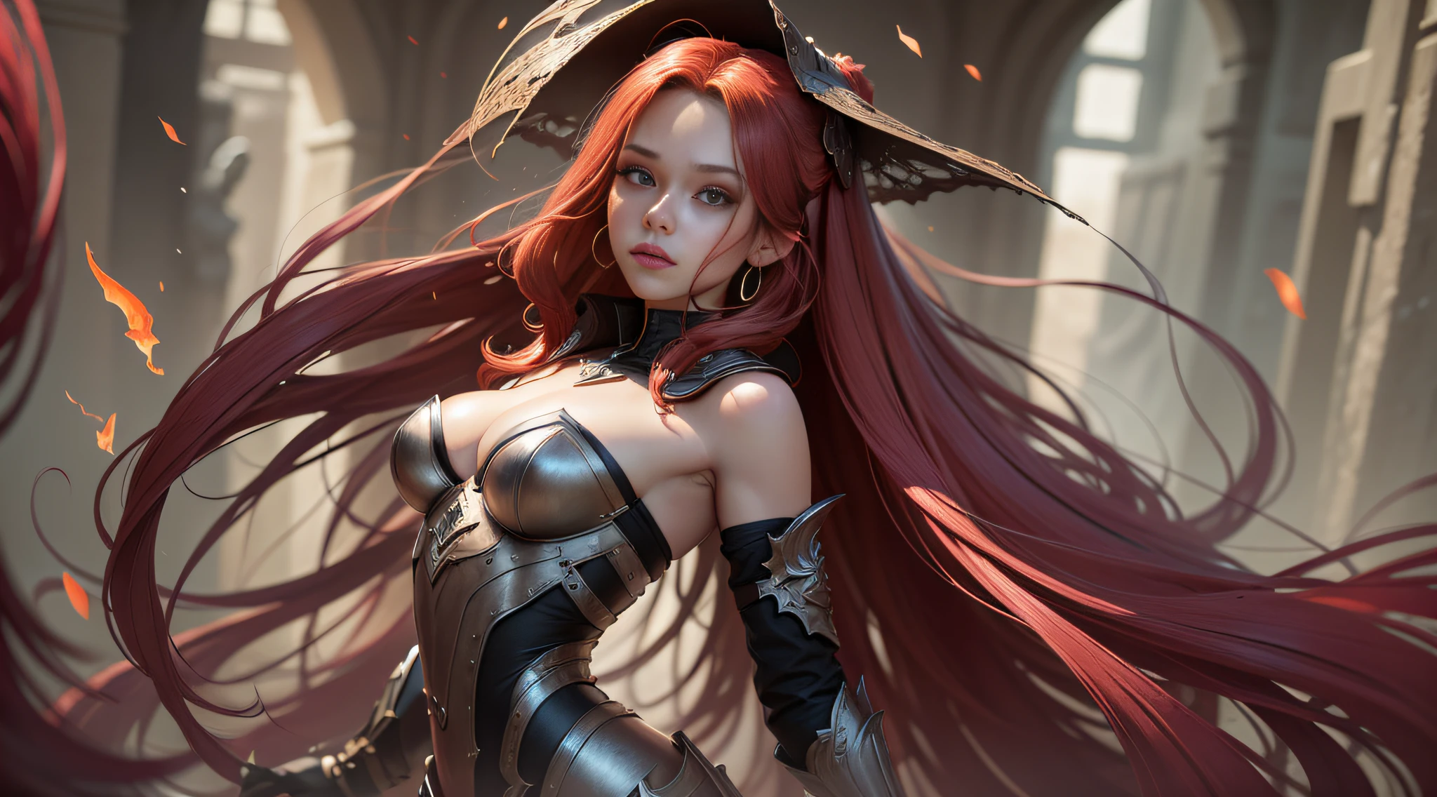 There is a red-haired woman in black armor holding a fire fan, Tendances sur CGstation, 8k high quality detailed art, 2. 5 d CGI Anime Fantasy Artwork, seductive anime girl, fanart meilleure artstation, 3 D Rendu Personnage Art 8 K, WLOP Peau brillante, Extremely detailed artgerm, WLOP et Artgerm, beautiful alluring anime woman