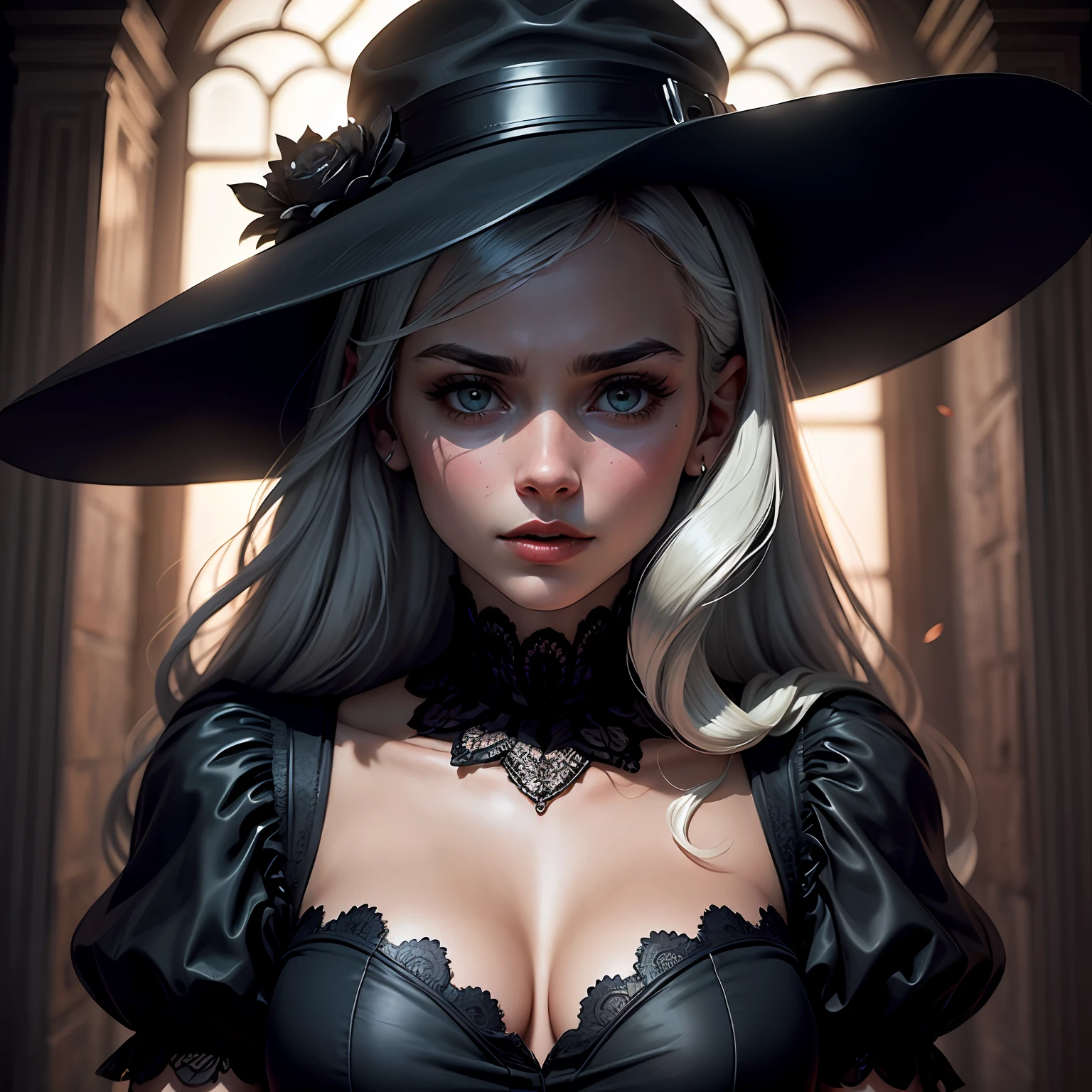 Beautiful woman in black dress wearing a wide-brimmed hat,There are also gloves foto inside, in the style of black and white mastery, natalia drepina, celebrity image mashups, captivating gaze, i can't believe how beautiful this is