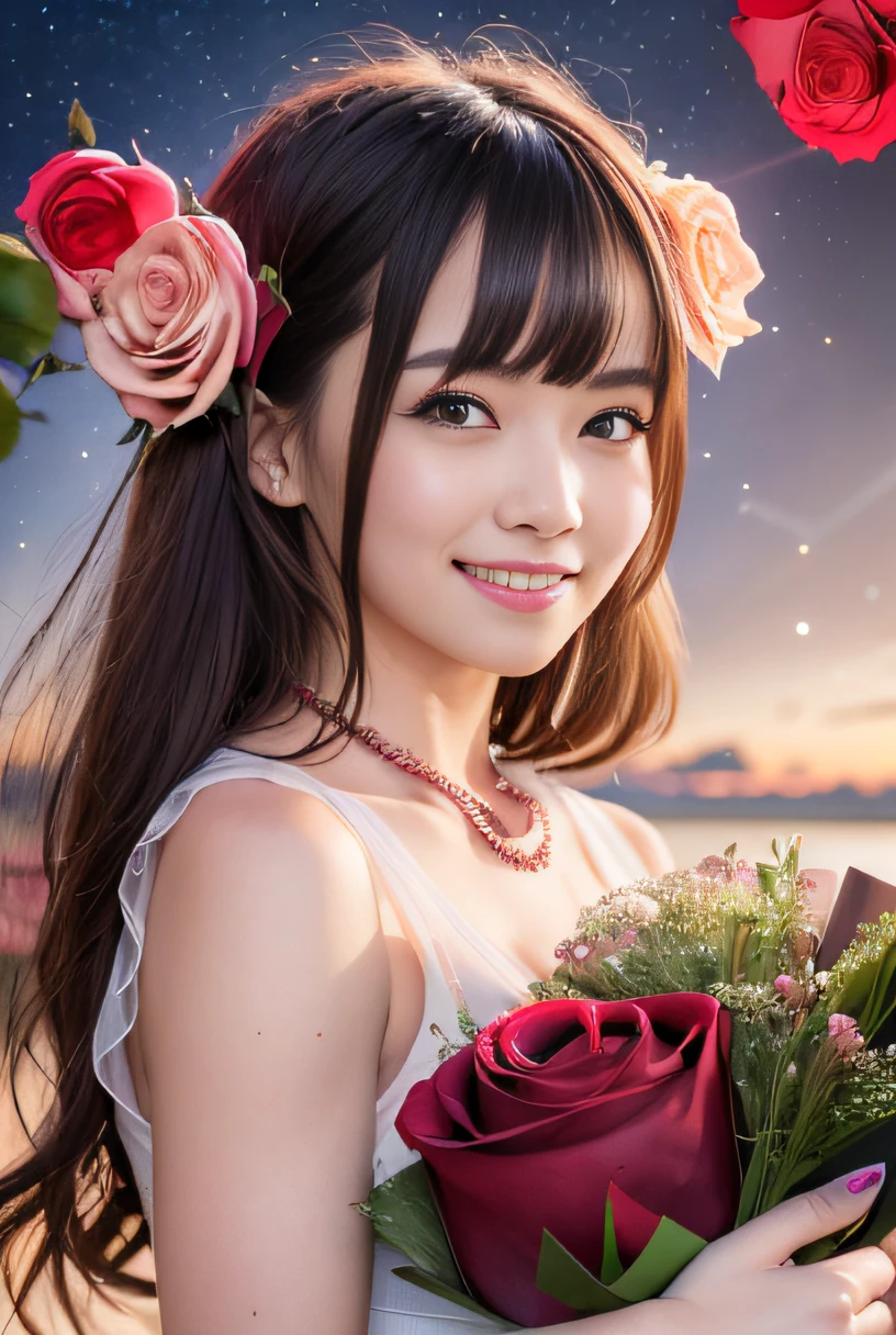 (8k, RAW photo, best quality, masterpiece:1.2), High detail RAW color photo, cinematic light, (finely detailed face:1.2),
BREAK,
1 girl, (smiling:1.5), (looking at viewer:1.2), (((holding a large bouquet with rose:1.5))), night, night sky, starry sky