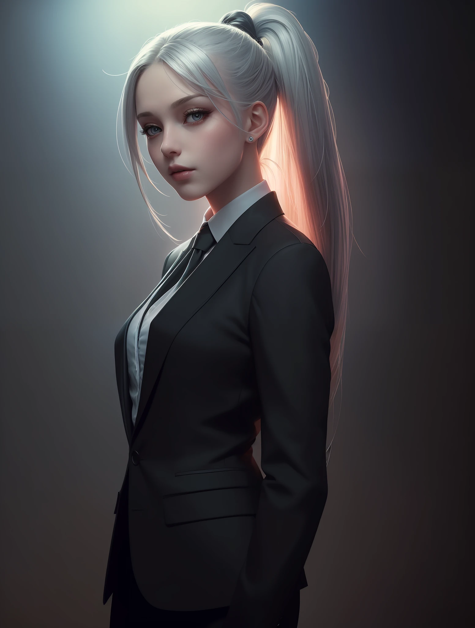 (Best quality, masterpiece, ArtStation, Fantasy Art:1.2), A beautiful young girl, (silver ponytail hair:1.1), (long black blazer suit, tie, trousers), character art, lights background