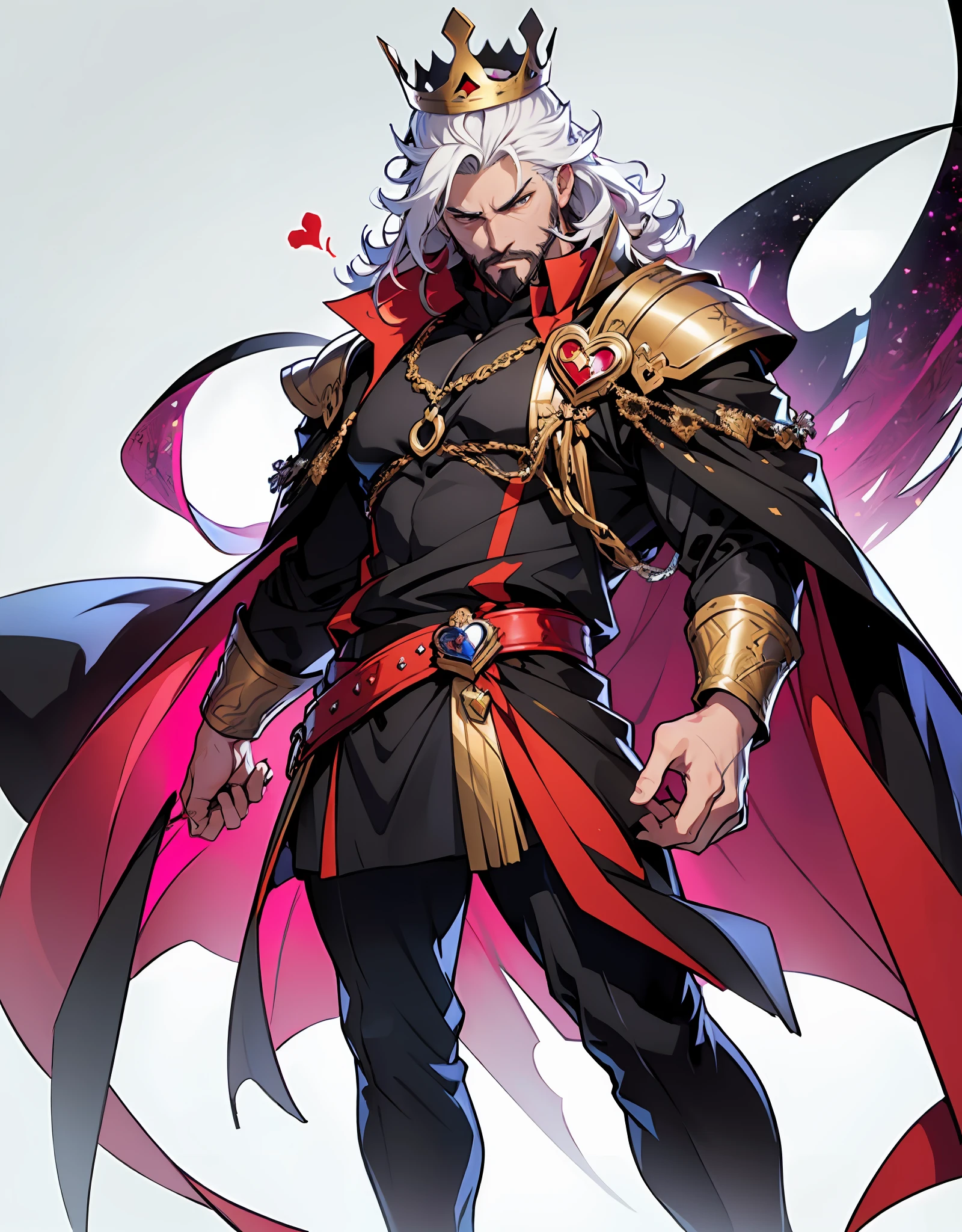 full-length, full body, 2d illustration, anime style, perfectly structured, a handsome king, (revealing) kingly vests, serious expression, golden crown, curly hair, black beard, nice and perfect face, (holding a heart-shaped red crystal:1.2), skin texture, highly detailed, anime style, done in photoshop, vibrant colors, composite lighting, professional shading, (white background:1.5), (blank background:1.5), masculine shapes, manly, dynamic angle, sharp and crisp image, high quality textures, natural proportions