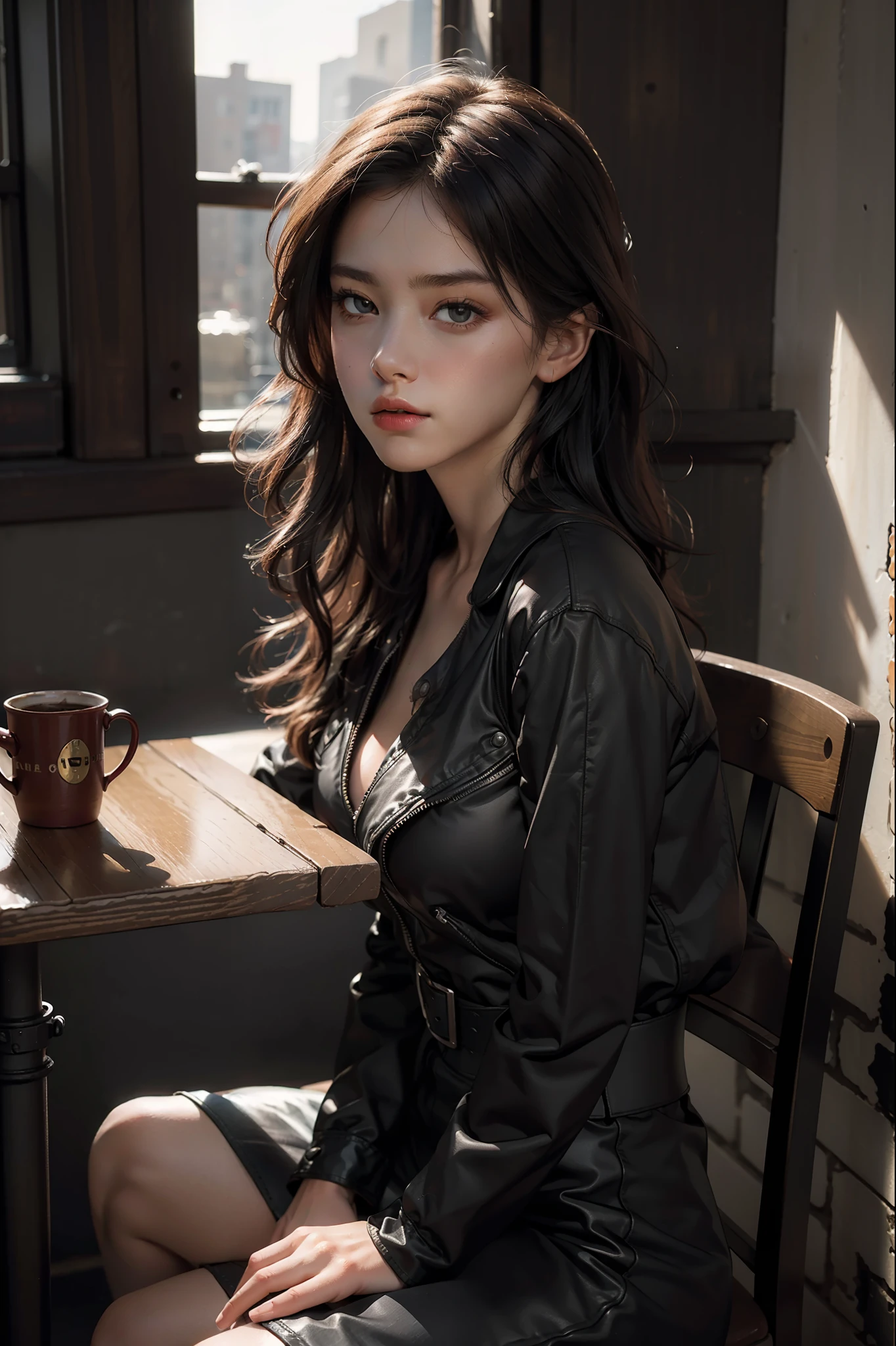 Best quality, masterpiece, ultra high res, (photorealistic:1.4), raw photo, 1girl, waist up, sitting, deep shadow, dark theme