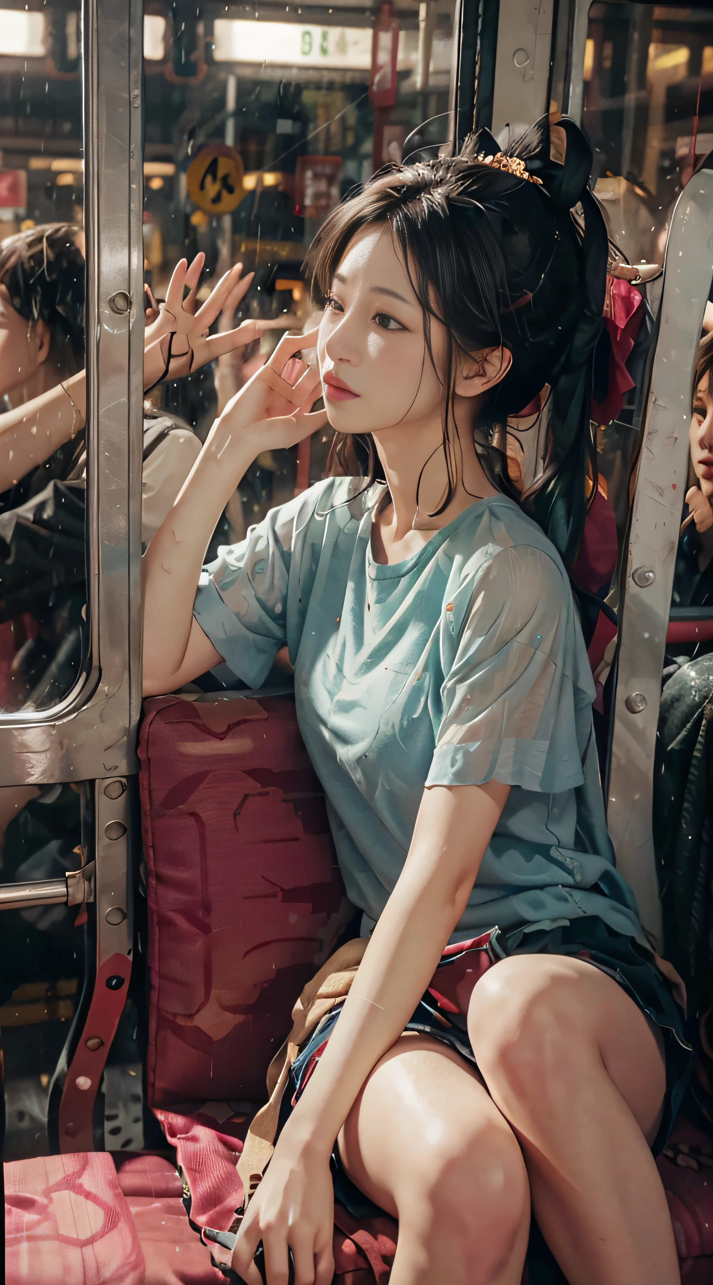 After work, home, on the way, on the bus, it's raining outside,