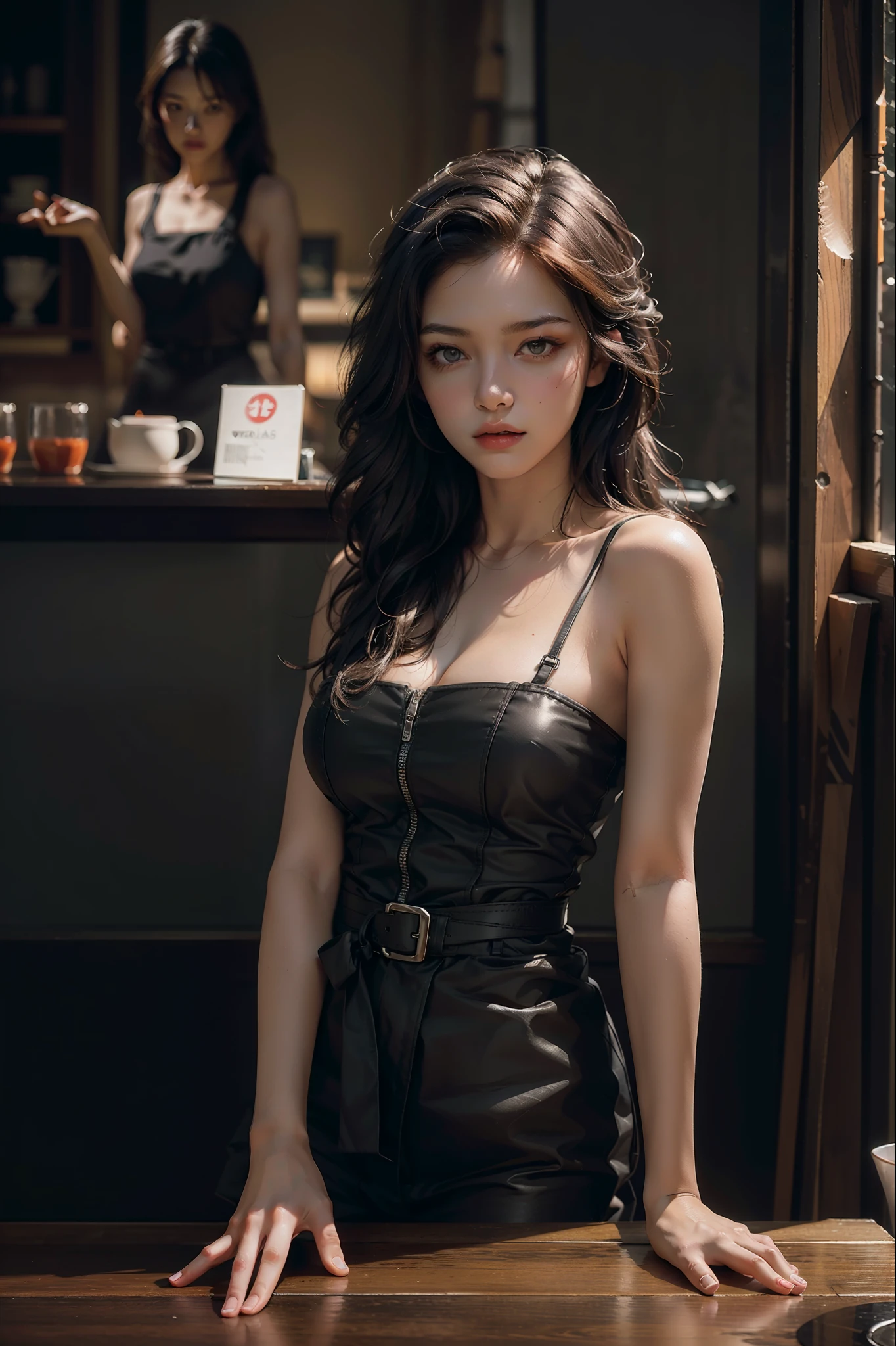 Best quality, masterpiece, ultra high res, (photorealistic:1.4), raw photo, 1girl, waist up, sitting, deep shadow, dark theme