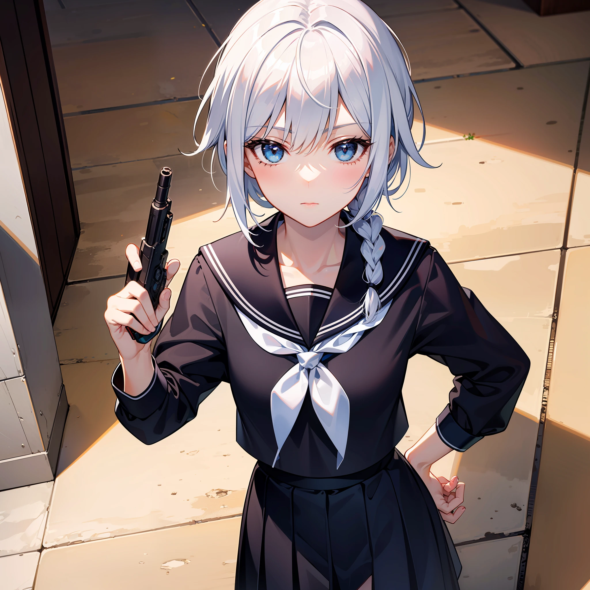 master-piece，best qualiy，master-piece，best qualiy，offical art，extremely detailed CG Unity 8k wallpapers，traditional_media，the girl，single braid，black hair tie，slong hair，white hair，Blue Eye，mediumbreasts,black serafuku，expressionless，school,short braid,from above,standing,hold a gun,Disdainful eyes