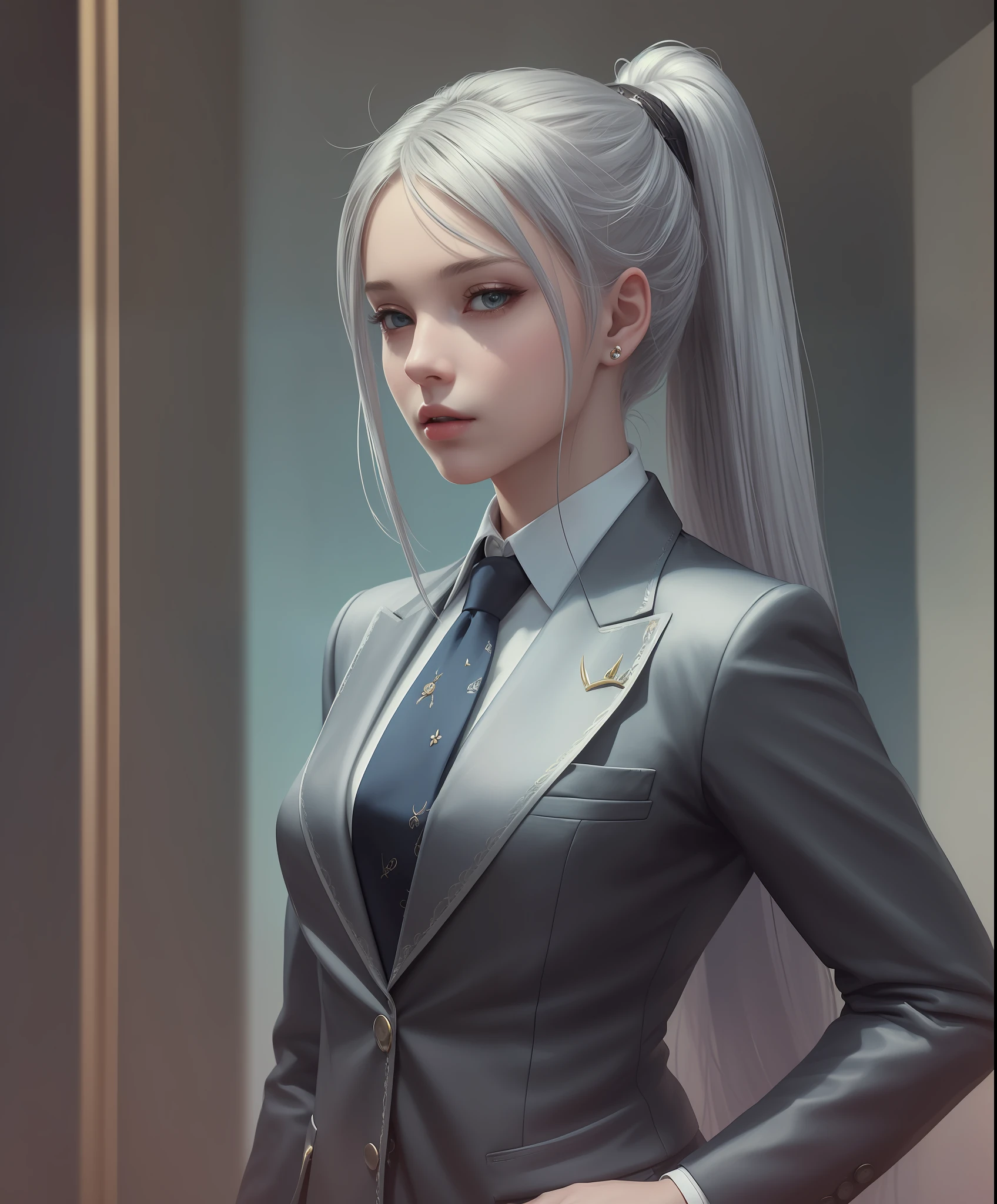 (Best quality, masterpiece, ArtStation, Fantasy Art:1.2), A beautiful young girl, (silver ponytail hair:1.1), (long black blazer suit, tie, trousers), character art, window panels, lights background