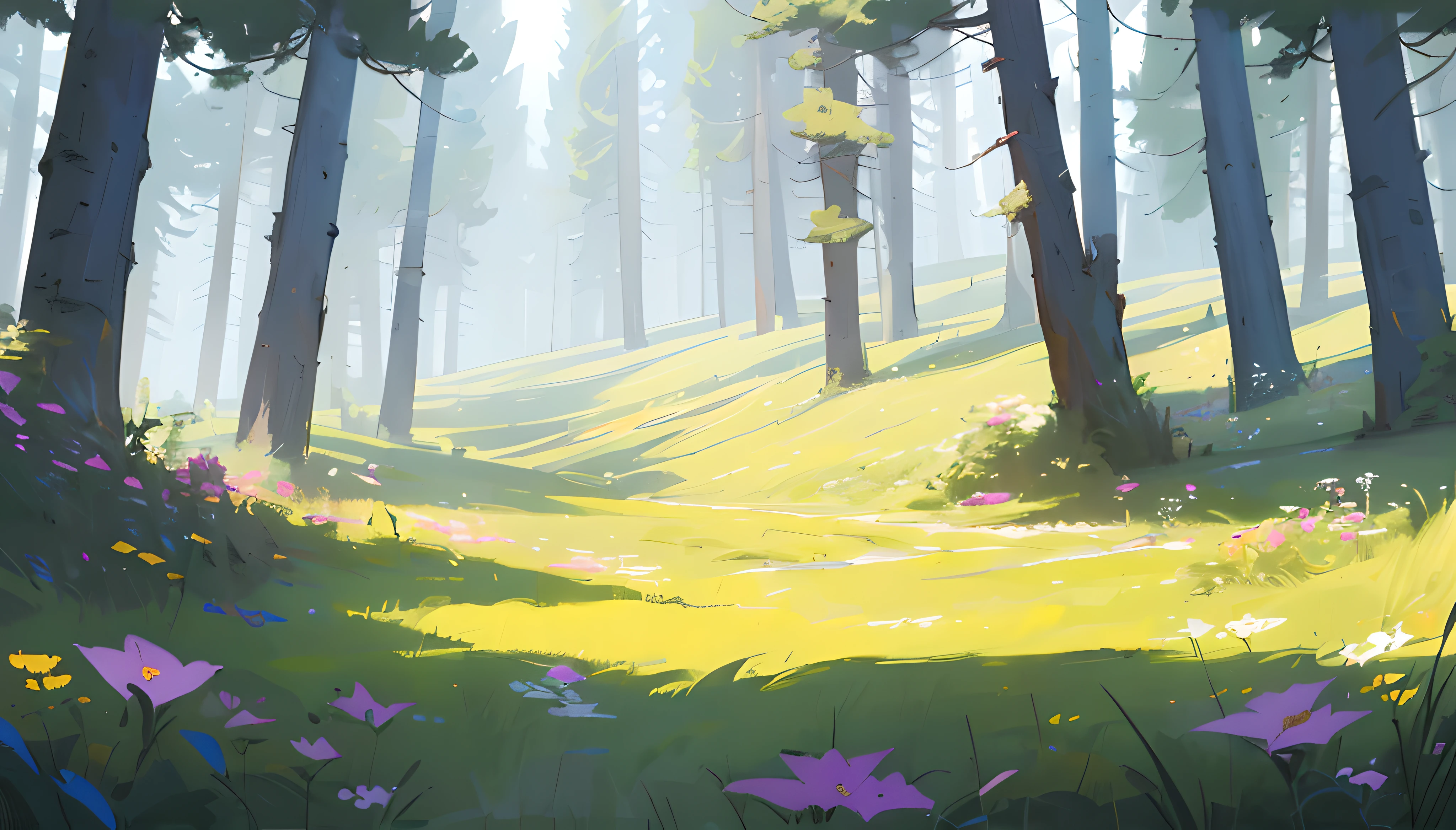 ((masterpiece,best quality,highres, original, extremely detailed wallpaper, lighting,detailed lighting)),(Highest picture quality),(Master's work),(ultra-detailed),(Masterpiece),highres, ((illustration)),Flat view, detailed depiction of grasslands, flowers, forests, and numerous trees