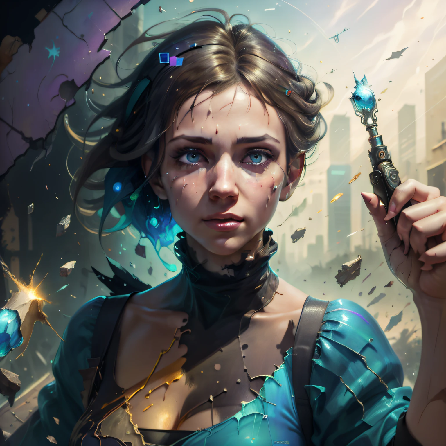 digital art, hyper-realistic, a woman in a cracked mirror. in the style of social media portraiture, nerdcore, painterly scenes, cute and colorful, vray, gesture, realistic lights, realistic cartoon --auto