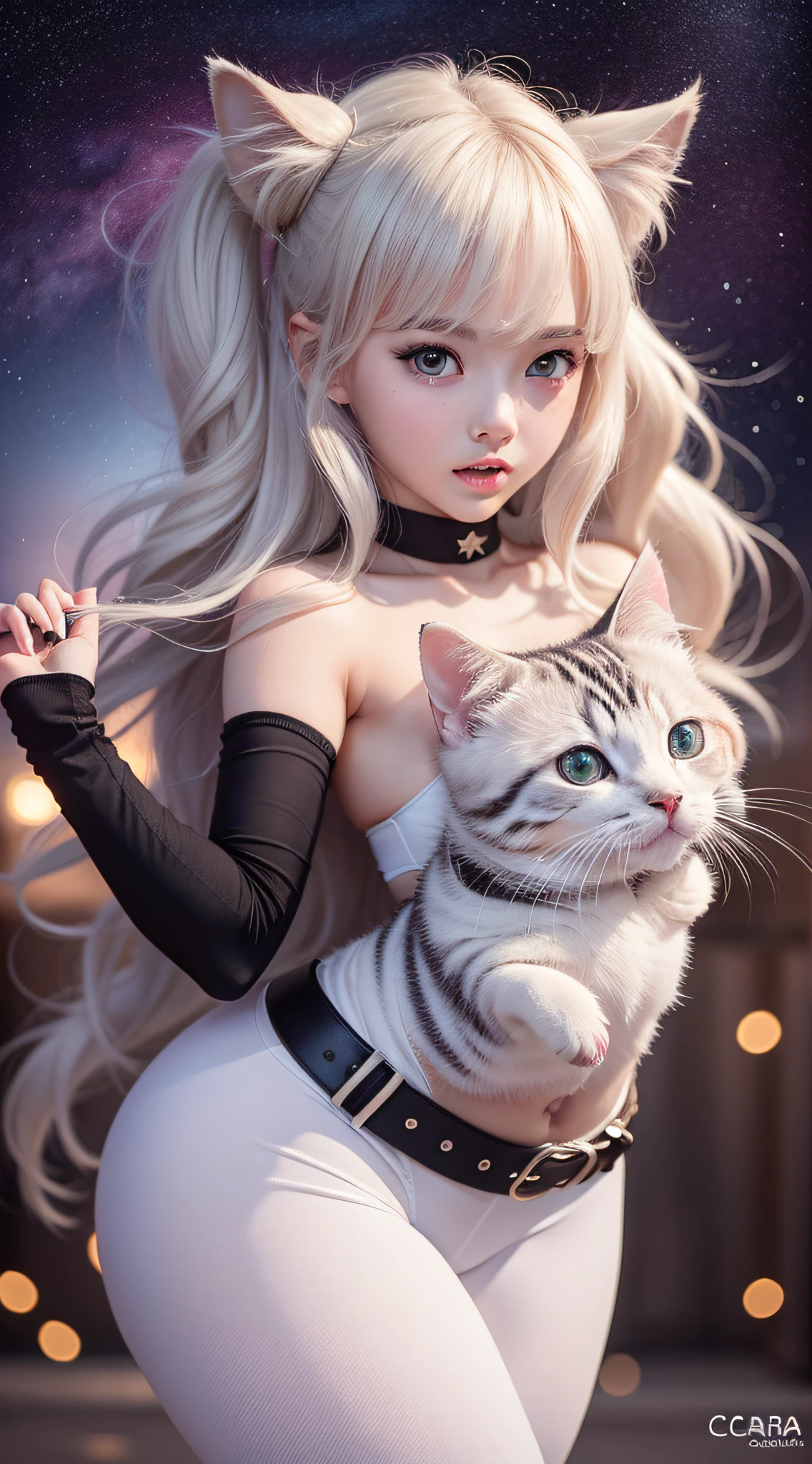 Obra maestra, Ultra detallado, 8k, La mejor calidad:1.6), 1girl, hermosa, (cara super tierna), ojos ultra hermosos, cabello ultra sexy, sexy, kawaii, gatita, ((ulzzang)), estrellas, corazones, (rosa), petite, (white), (leggings)