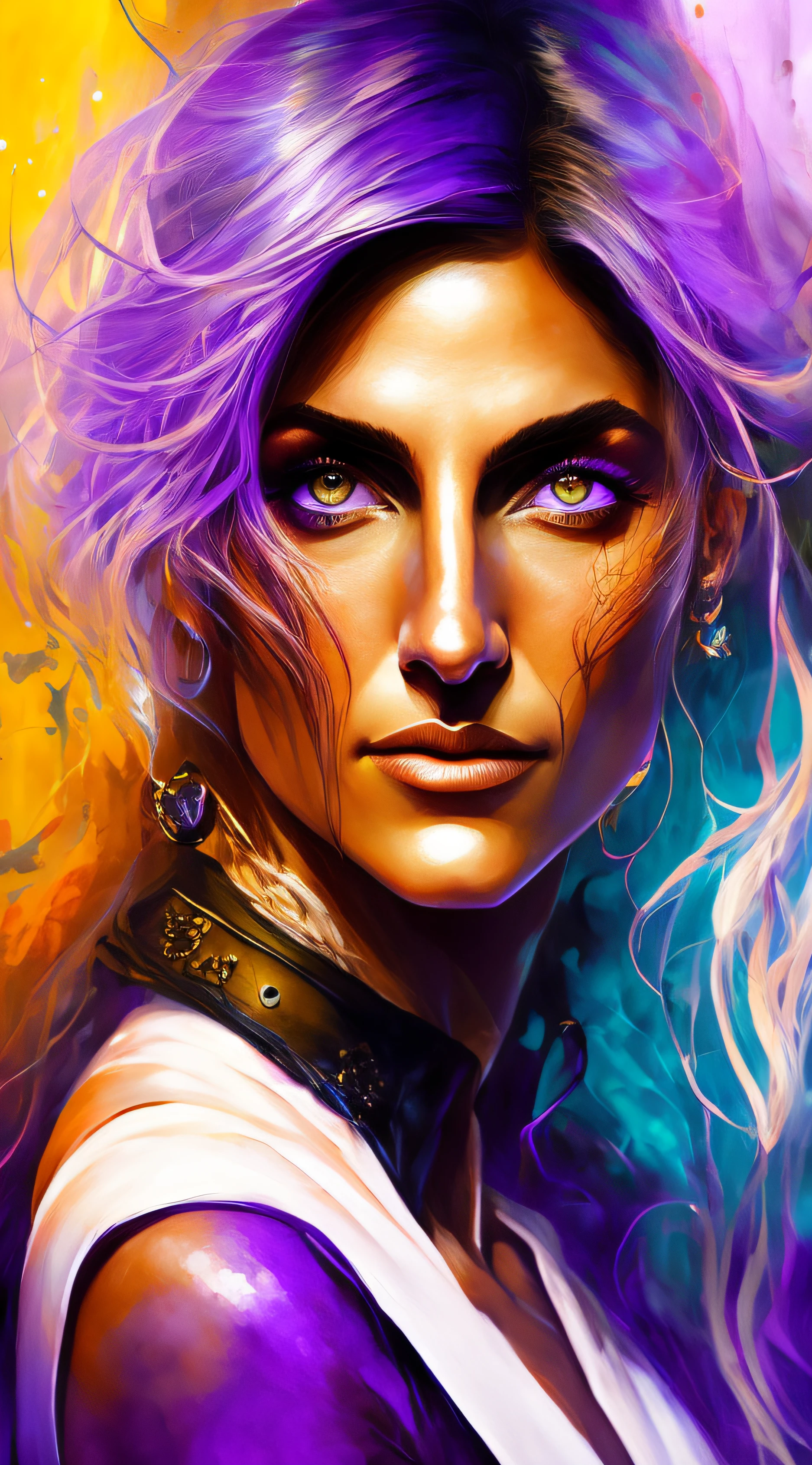 Jennifer Esposito, messy hair, oil painting, rosto perfeito com pele lisa e rosto perfeito, cores azuis amarelas, light purple and violet additions, light red additions, detalhes intrincados, tela inicial, 8k resolution, Masterpiece, cara linda, pintura digital artstation tinta preta fluida e fluida: 8k resolution photorealistic masterpiece: pintura de guache fluido intrincadamente detalhada: Direction: Jean Baptiste Mongue: caligrafia: acrylic: arte em aquarela, fotografia profissional, natural lighting, Volumetric lighting maximalist photoillustration: Por Marton Bobzert: , complexo, elegante, expansivo, Fantastic, cabelos ondulados, Vibrando --auto