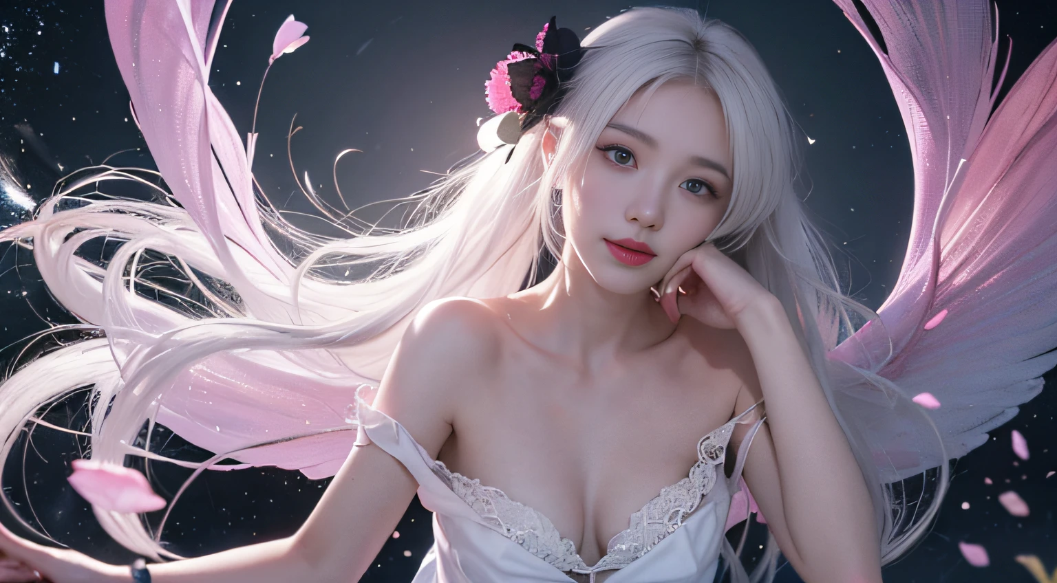 NSFW:1.5,Masterpiece, Best quality, 1girls, (Colorful),(delicate eyes and face), volumatic light, Ray tracing, Bust Up Shot ,Passing the eyes of God,Slender legs,Barefoot,Extremely detailed CG unity 8k wallpaper,独奏,Make a smile,((flying petal)),(Flowery meadow) Sky, cloudy day_Sky,moonbeams, Moon, night, (Dark theme:1.3), Light, fantasy, windy, magic sparks, dark castle,White hair,