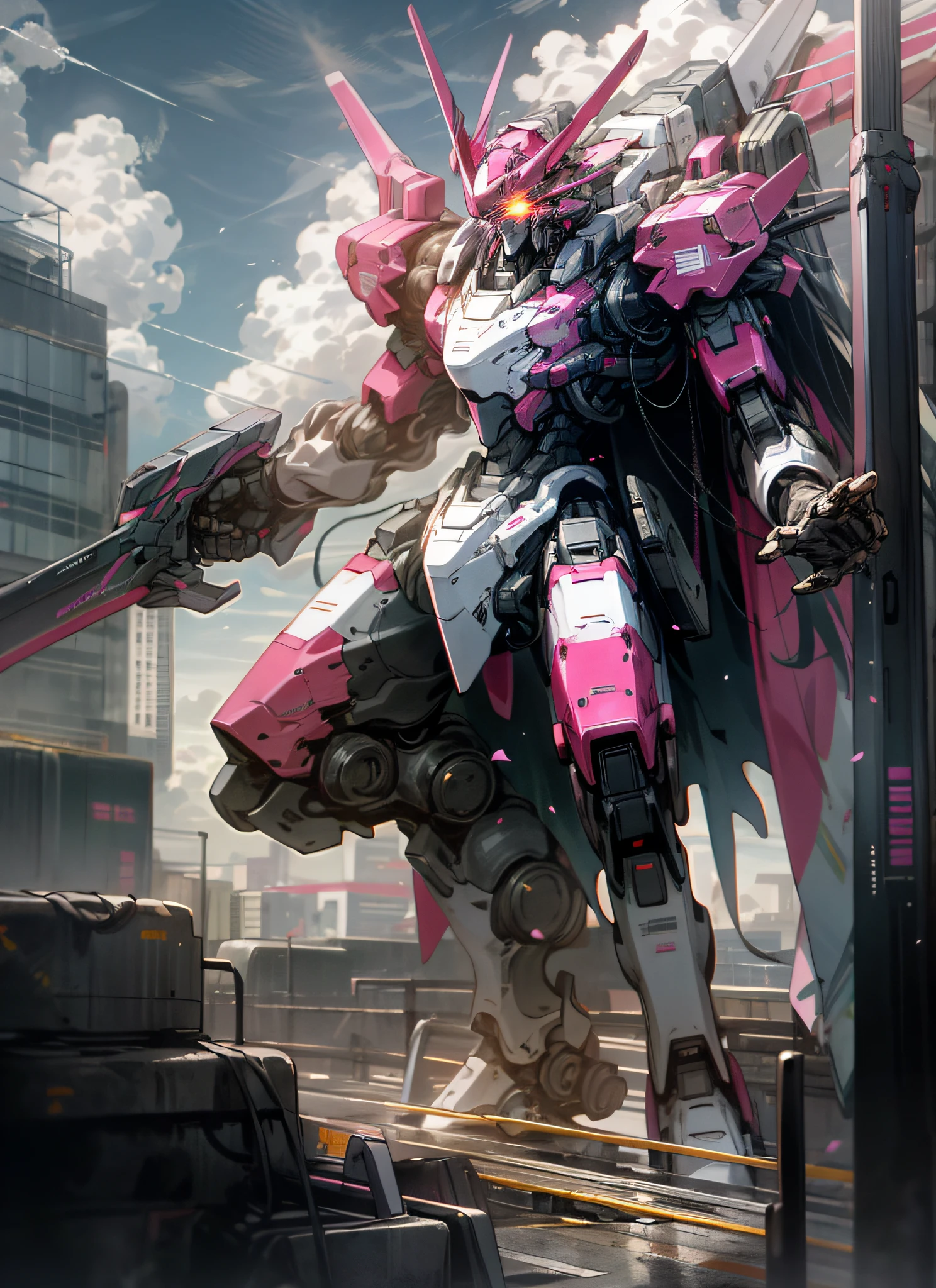 The sky，clouds，holding_weapon，no_humans，glowing with，，Pink robot，architectural，glowing_eyes，mecha，Science fiction，The city，realisti，mecha