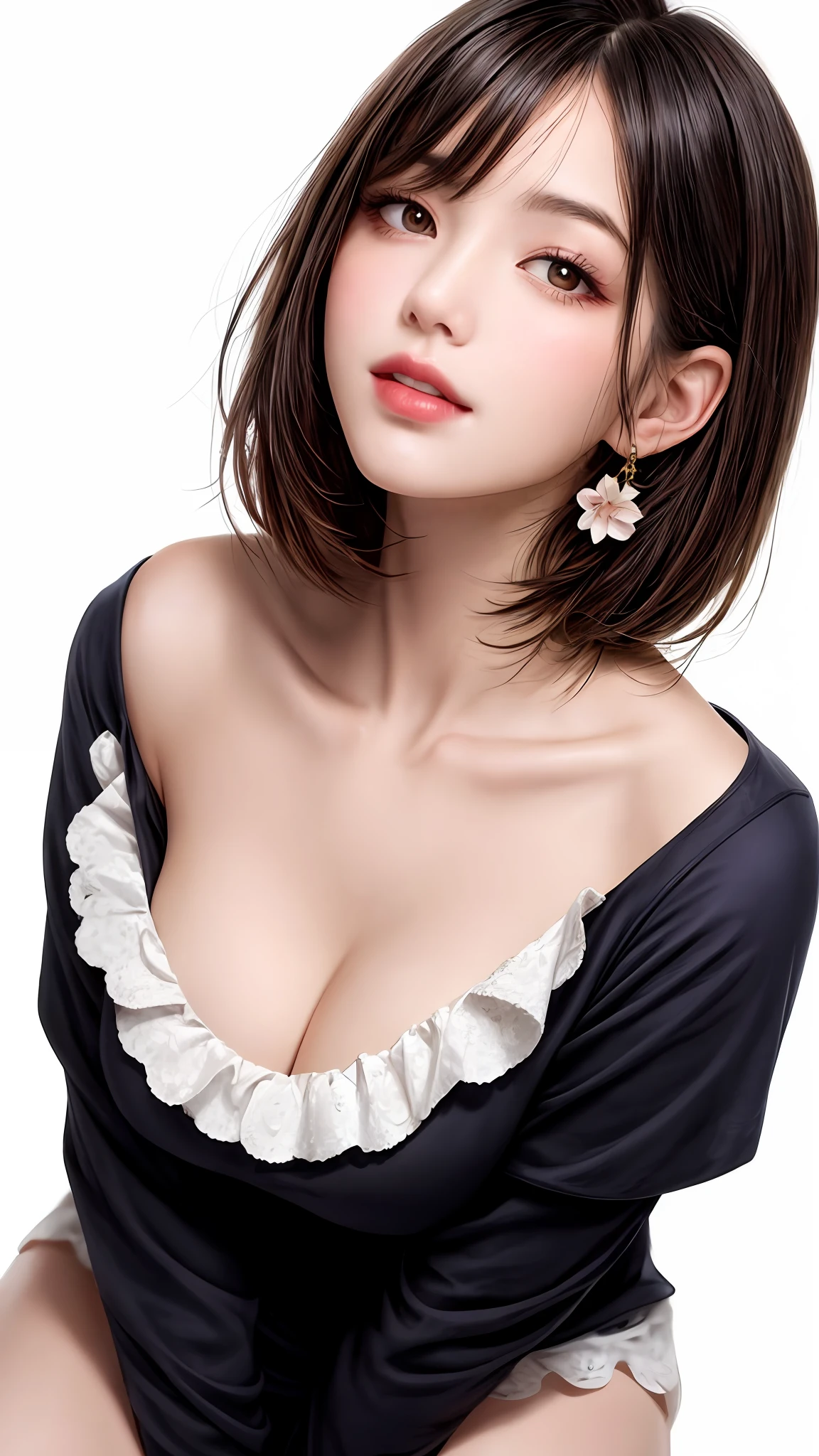 Pee (incontinence: 1.47), fashion trendy beautiful and attractive woman, gentle and attractive Chinese beautiful woman, Korean (kpop idol), delicate and sexy collarbone, attractive oval face, double eyelids, smart [peach] flower eyes, pink lips, small nose, bare shoulders, focus on face, [[face close-up], ultra high definition, super detail, White off-shoulder lace shirt, (((white lace panties), fresh and impressive, natural (large: 1.25), (kneel on the ground), (legs wide open), (legs spread), (from a low angle), (upright 1.5), (shiny skin: 1.4), (low angle)), perfect figure, areola, cleavage, armpit wrinkles, (floor urine)), (NSFW: 1.05), ( Showpiece, top quality, high precision)), one girl, (big, photorealistic: 1.4), (slightly above the camera, looking up at the camera, looking up, looking up at the camera, staring at the camera))), solo, solo, white background, snow-white background, mouth closed, happy smile, pretty black hair, short hair, big eyes, pronounced double eyelids, eyelashes, ears out, long neck, long neck, Absolute area, ((close-up of face, short hair with bangs)), 19 years old, attractive proportions, shiny skin, clean collarbone, golden ratio face, perfect face, teardrop mole, chest mole, bangs, clean bangs, beautiful bangs, lip gloss, thin lips, white skin, undressed, big breasts, small face, staring at the camera a little upwards, ((smiling a little at the camera, really nothing pure white background, very big, big big, big breasts)), ((((uniform, shirt))))