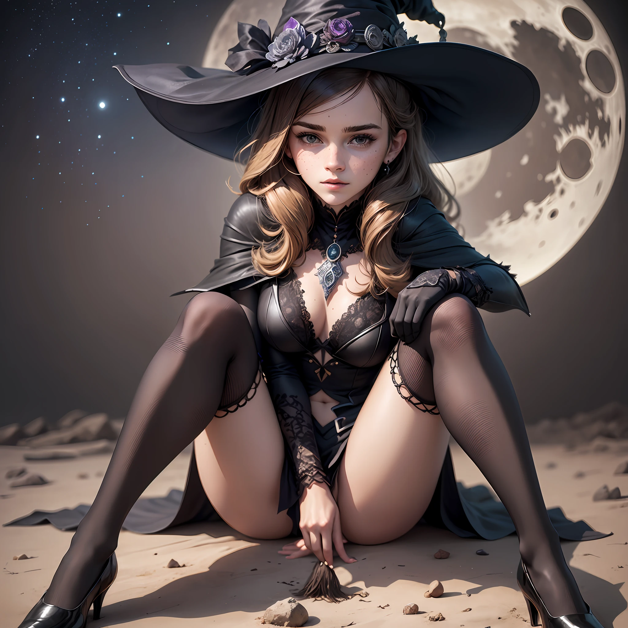teen emma watson as a witch girl. tight intricate black suit. freckles, beautiful face, masterpiece, intricate detail, perfect anatomy. sitting. background moon. night.