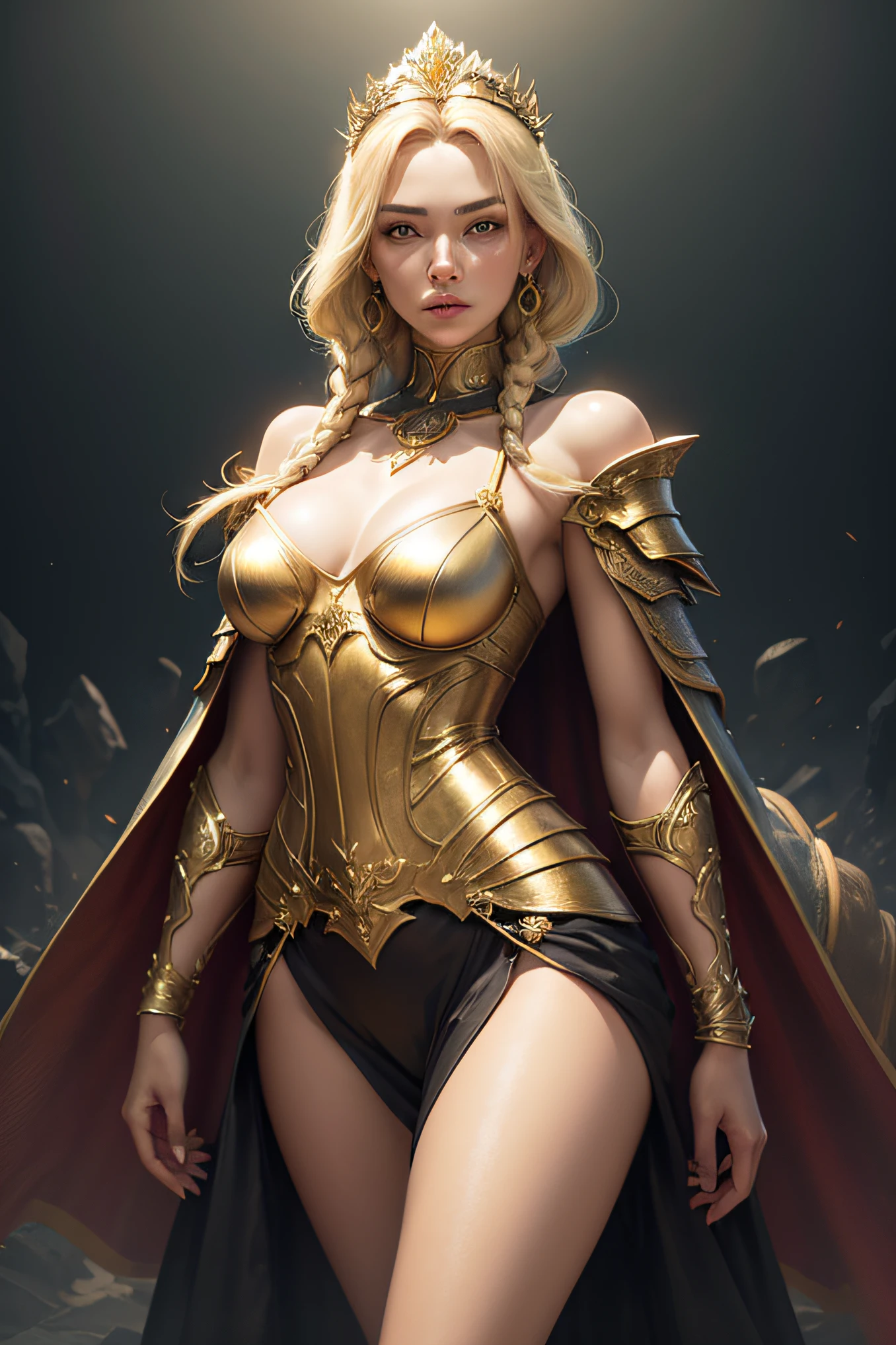 Blonde haired woman with braids, (medieval punk green neckline armor). Bright chrome gold lingerie with sharp reflections. Gems. Bare shoulders. (tiara). Low muscle definition. Beautiful legs. Bare shoulders visible. Detailed lighting. Artwork. Extreme beauty. Clothing with intense colored gradient effect. Professional image with high saturation. Professional camera. Illustration. Vibrant colors. vibrant yellow eyes, thin, fur cape, bright golden eyes, symmetry, intense look, black details on clothes, golden aura