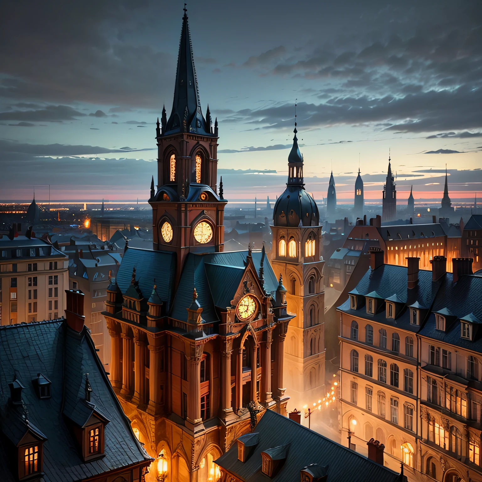 (masterwork:1.2), maximum quality, It's complicated, Stunning, Very detailed, Dark Fantasy, steampunk, 19th century Victorian cityscape, Gothic architecture, A city lined with religious sculptures, --auto