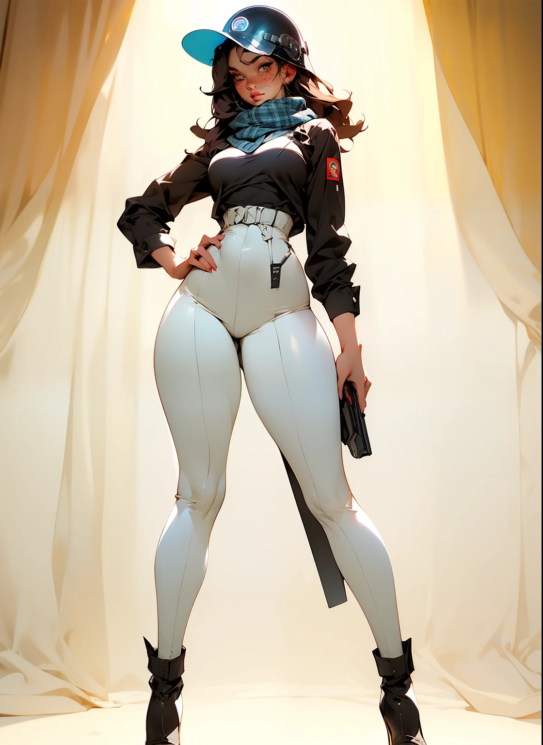 tartan scarf around neck, plaid scarf, wide hips, thick thighs, anatomically correct, (head to toe: 2.0), (full body image: 2.0), 1girls, solo, (Casshern: 1.6), extremely stylized, deviant art, masterpiece, highly detailed, bright eyes, detailed eyes, expressive detailed eyes, wide eyed, detailed pupils, futuristic, ((1950s scifi helmet)), ((pointy helmet)), Rubber Gloss, white pants, blush, (white rubber skinsuit:1.4), white boots, blush, small breasts, ((nipping out:1.4)), (((nipping out))), lots of freckles, super textured detailed skin, entire body image, full body shot, nvinkpunk, professional photograph of alexander_skarsgard, pistol
