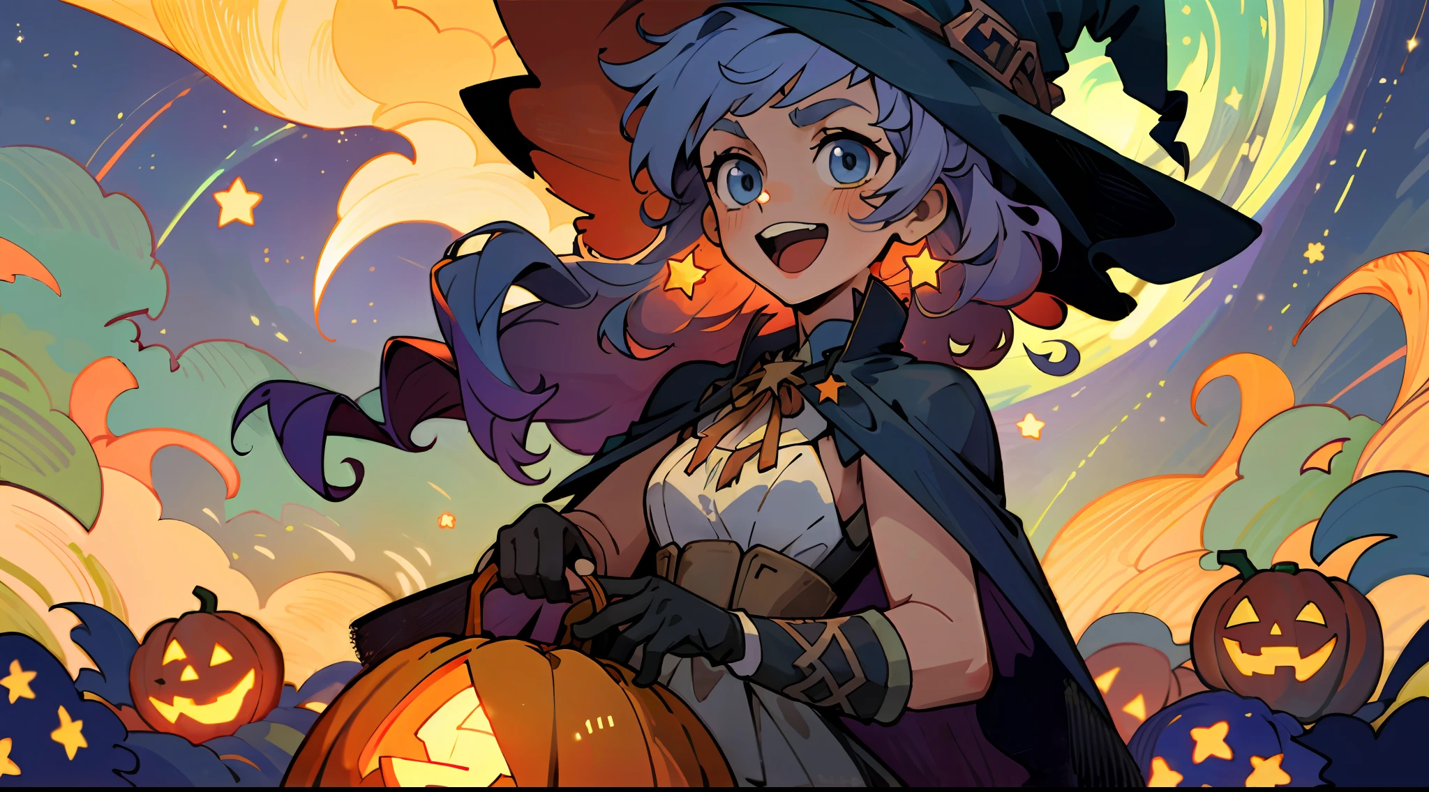((masterpiece:1.2, best quality)), 1girl, solo, (witch hat), a close up of a girl with curly hair, dress, aurora, night, star (sky), gloves, sky, dress, night sky, open mouth, starry sky, light blue eyes, ribbons, smile, cape, colorful hair, magic, casting spell, night, (impressionism:1.4), alphonse mucha, Halloween colors, colorful candy, magical lights, pumpkins, candies