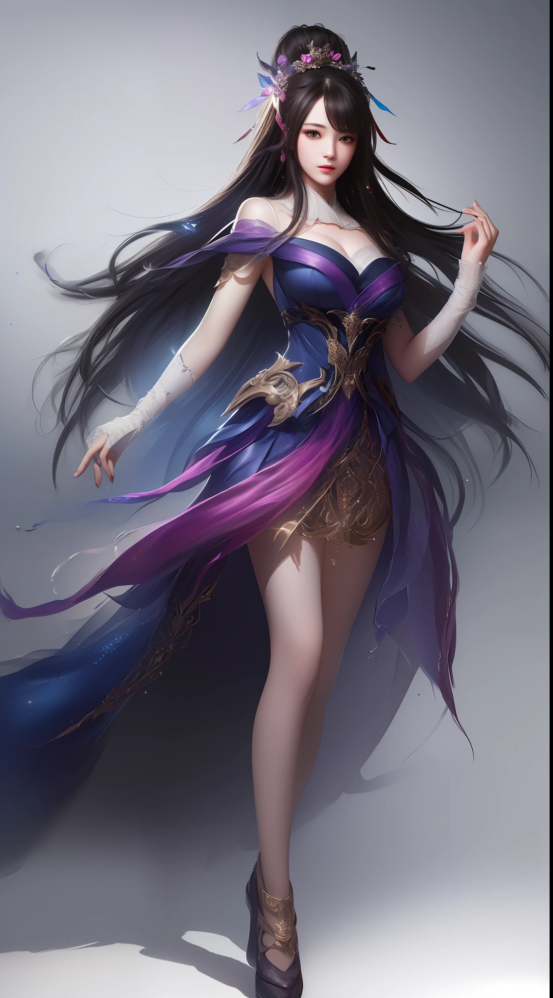 (8k, RAW Photos: 1.2), Best Quality, Illustration, Beautiful Painting, 1 Woman, Beautiful Face, Delicate Skin, Gorgeous Bun, Hair Accessories, Hanfu, Full Body, High Detail, Accent, Color Ink Painting, Splash Color, ((((colorful))), lycoris, sketch, denoising, ink splash, dramatic, cinematic, particle effects, fairy style, white background, super high resolution, best shadow, RAW, (HDR) (wallpaper) (cinematic lighting) (sharp focus), masterpiece, (Very detailed CG unified 8k wallpaper)