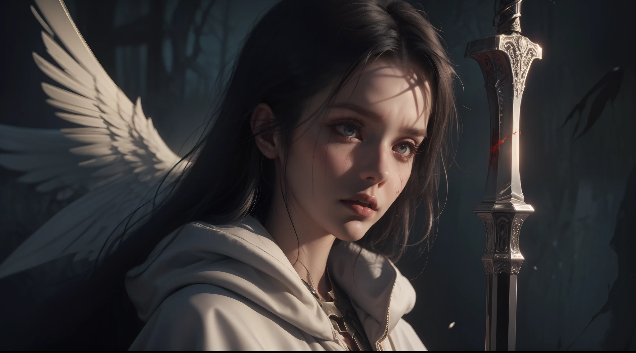 Best quality, masterpiece
Girl in a white cloak
Blood-stained wings
Deep shadow
Low key, cold light
Disheveled hair
Blood, skull
Broken sword
Bowed head
Struggling to hold the sword
Broken halo
Light effects
Close-up shot
Horror