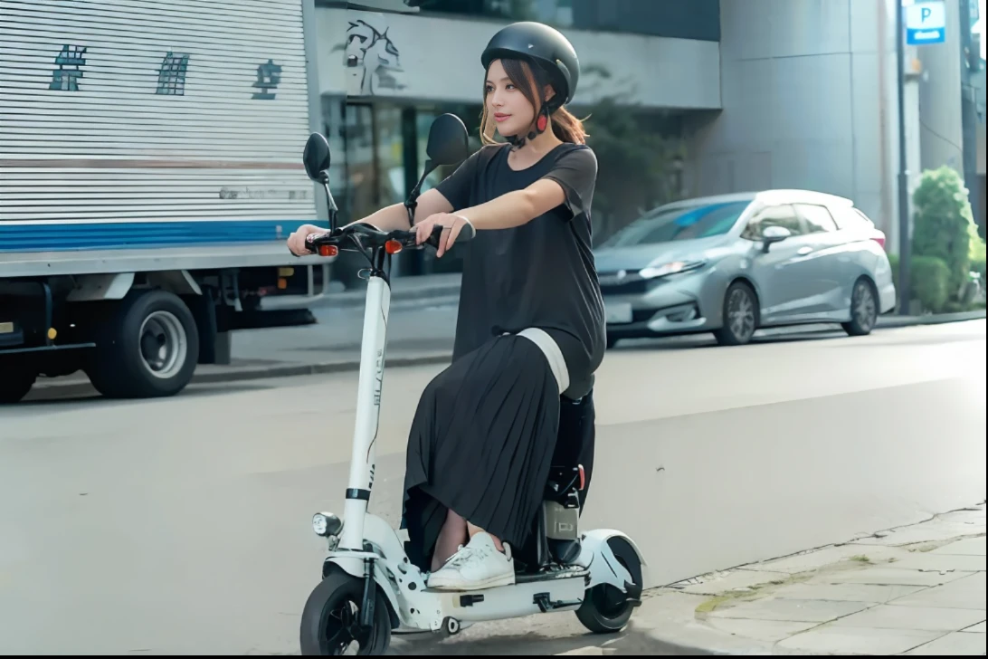 high picture quality、masterpiece、Model Style、Slender Beauty、Woman on her way to work、whiteshirt、Dark blue jacket、Tight miniskirts、Woman in Alafed riding scooter on city street、Easy way to get there、Custom Scooter、Charge the city、Riding a moped scooter、in street、Nico Henrichon、Unique design、Laid back、Fashionable、City in the background、Park in the background、rectangle、Super Smart