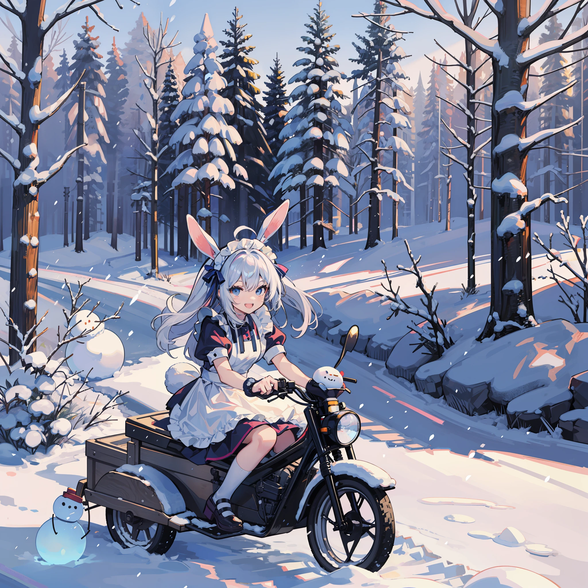 Rabbit-eared girl Short sleeve maid clothes The snow is amazing In the snow Snow background Ice World Cute Snowman Sorrisos Riding a sled