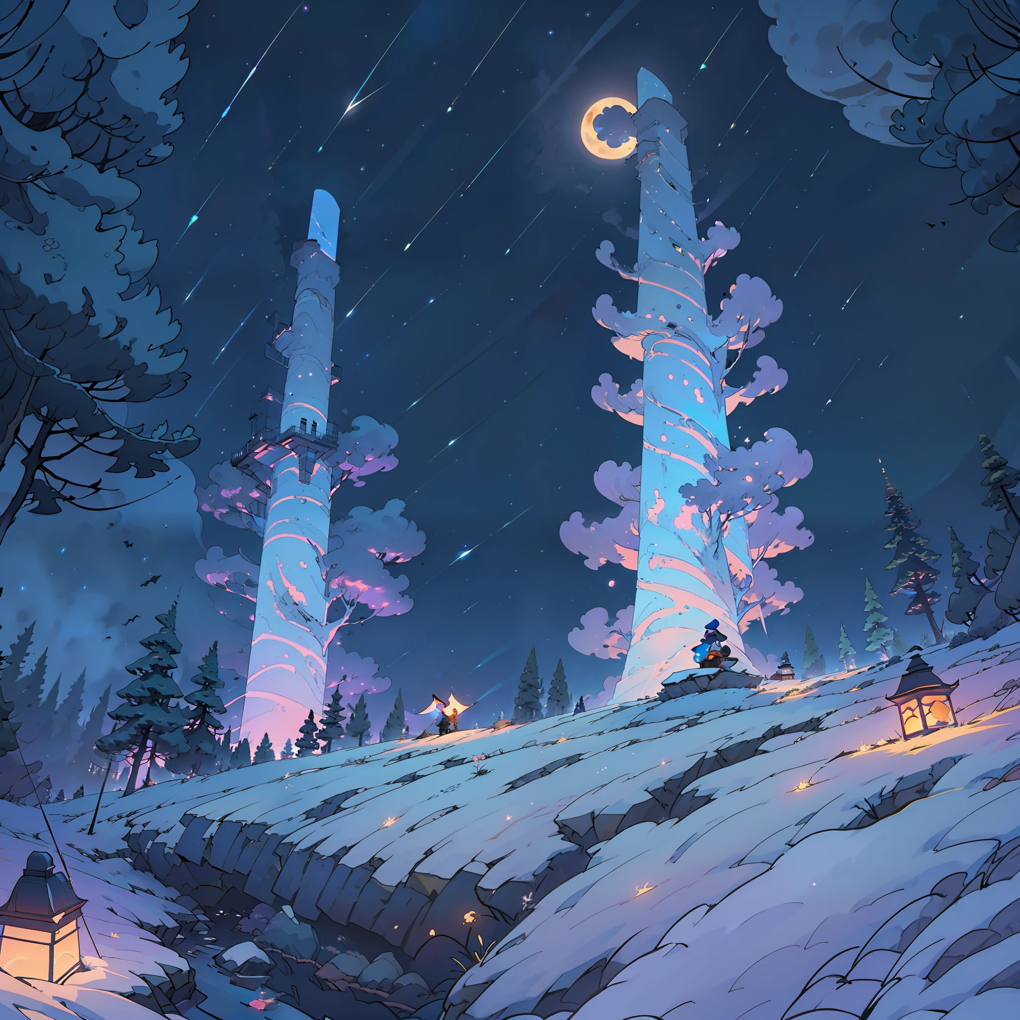 Photos of the expansive landscape,(pov from below,Above is the starry sky,Below is an endless meadow),A girl sitting on the grass looking up,(full moon:1.2),(shooting star:0.9),(nebula:1.3),Far Mountains, Tree BREAK making art,(Warm light source:1.2),(fireflys:1.2),lamps,Lots of purple and orange,Intricate details,Volumetric lighting BREAK(master-piece:1.2),(best qualiy),4k,hyper detailed,(Dynamic composition:1.4),well detailed,rich color,(iridescent colors:1.2),(glowing with,Atmospheric lighting),dreamlike,magical,(独奏:1.2)
