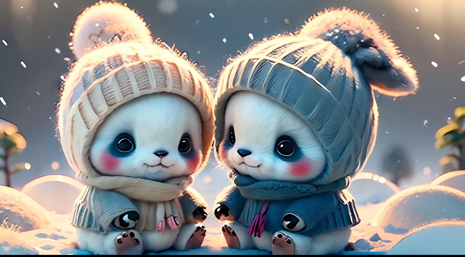 Two panda bears sitting near a tree, Lots of snow on the ground, pinheiros cobertos de neve, Nevando, flocos de neve 8k (muito detalhado), (melhor qualidade)