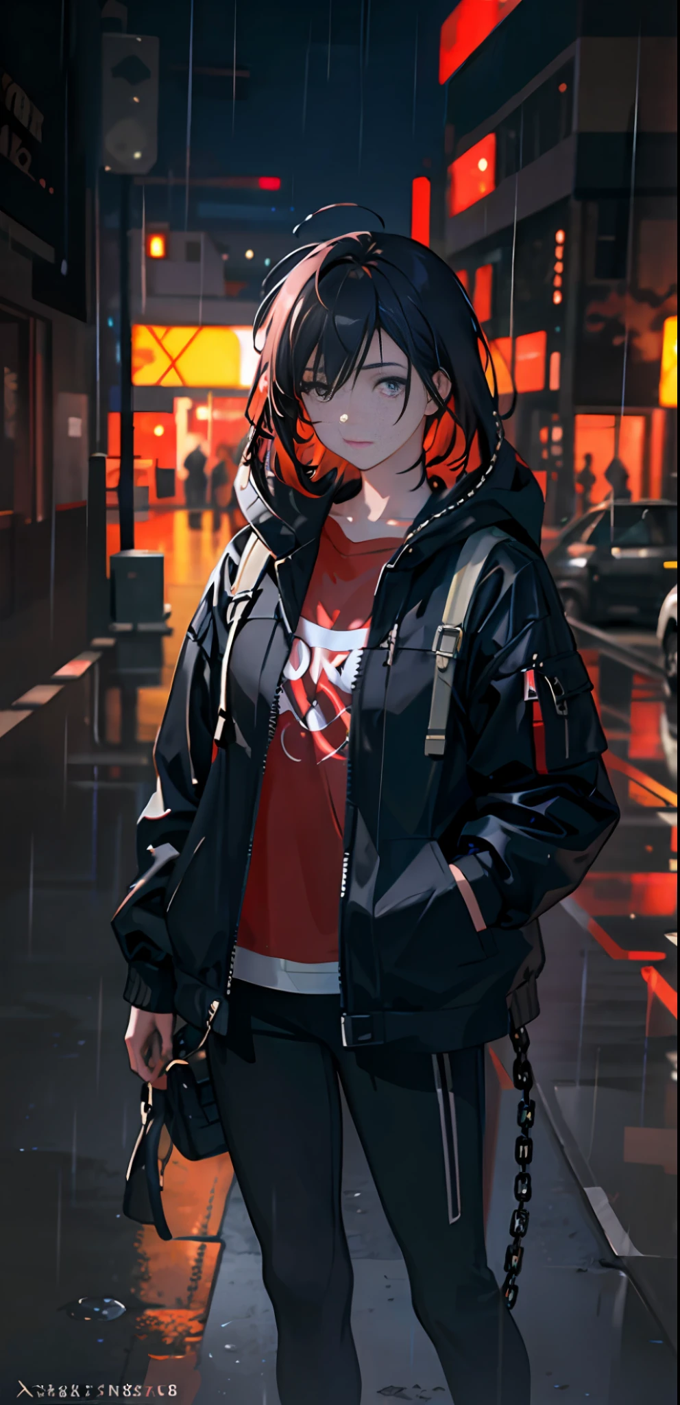 1girl, jacket, rain, outdoor, hoodie, open jacket, chain, backpack, looking at another, messy hair, trending on artstation, 8k resolution, highly detailed, anatomically correct, sharp image, digital painting, concept art, trending on pixiv, style of makoto shinkai,