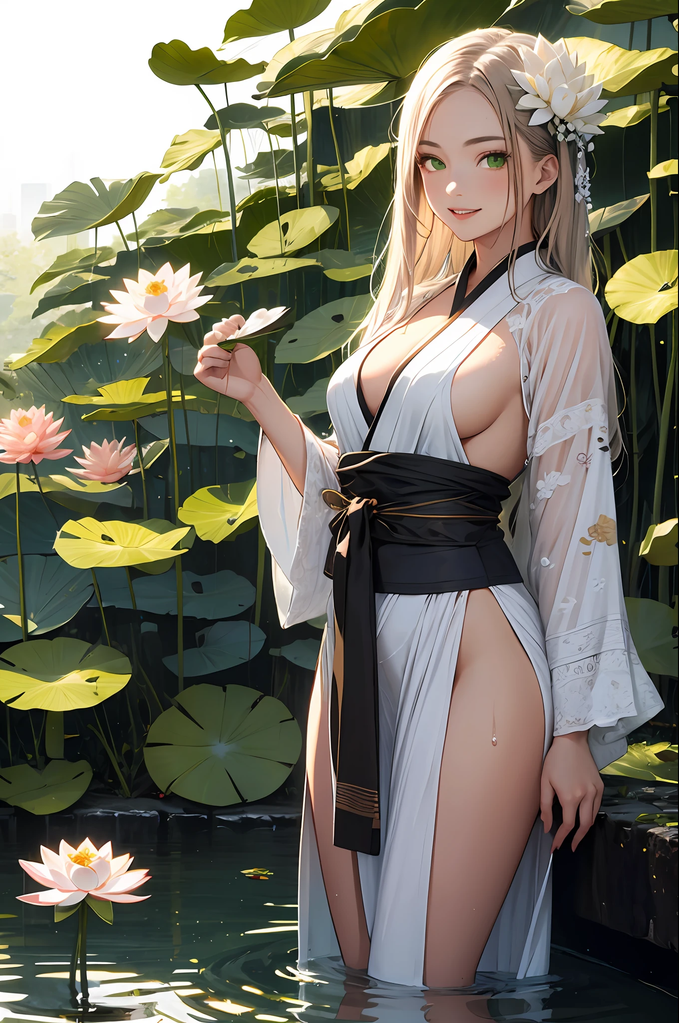 CG, unified, 8K, wall paper, (Masterpiece), (Best quality),(1girls:1.1), BEST lighting, complex pupils,, Detailed background, Lotus pond,White lotus flowers bloom,Sunny, Smiling, exquisite face,slick skin,Green eyes,White Hanfu,,Picking lotus flowers(White lotus flowers bloom,butterflies,sunbeams,The dense lotus leaves are taller than people),wet light clothes,Sexy body,showering,Bare body,Almost naked