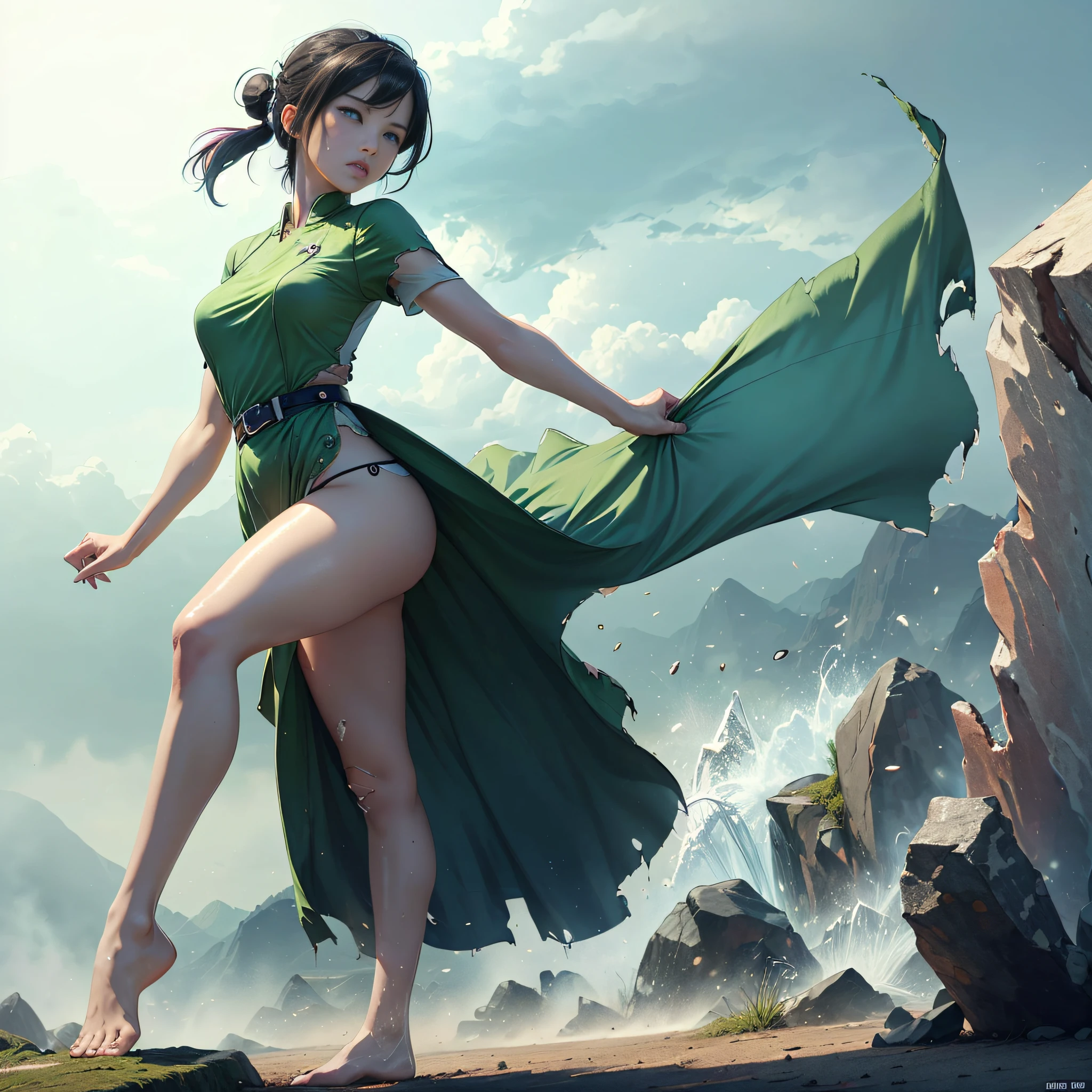 bra-raw, best quality, highres, Toph Beifong, ((AVATAR anime, serial, tv), 1girl, solo, black hair, hair band, belt, short hair, dress, totally white eyes, hair bun, green hair band, blind, chinese clothes, hair bun, green dress, short sleeves, bare feet, fighting posture, rock, outdoor, perfect, beautiful. panties torn, damaged, shiny skin,  moistened, V5. --auto