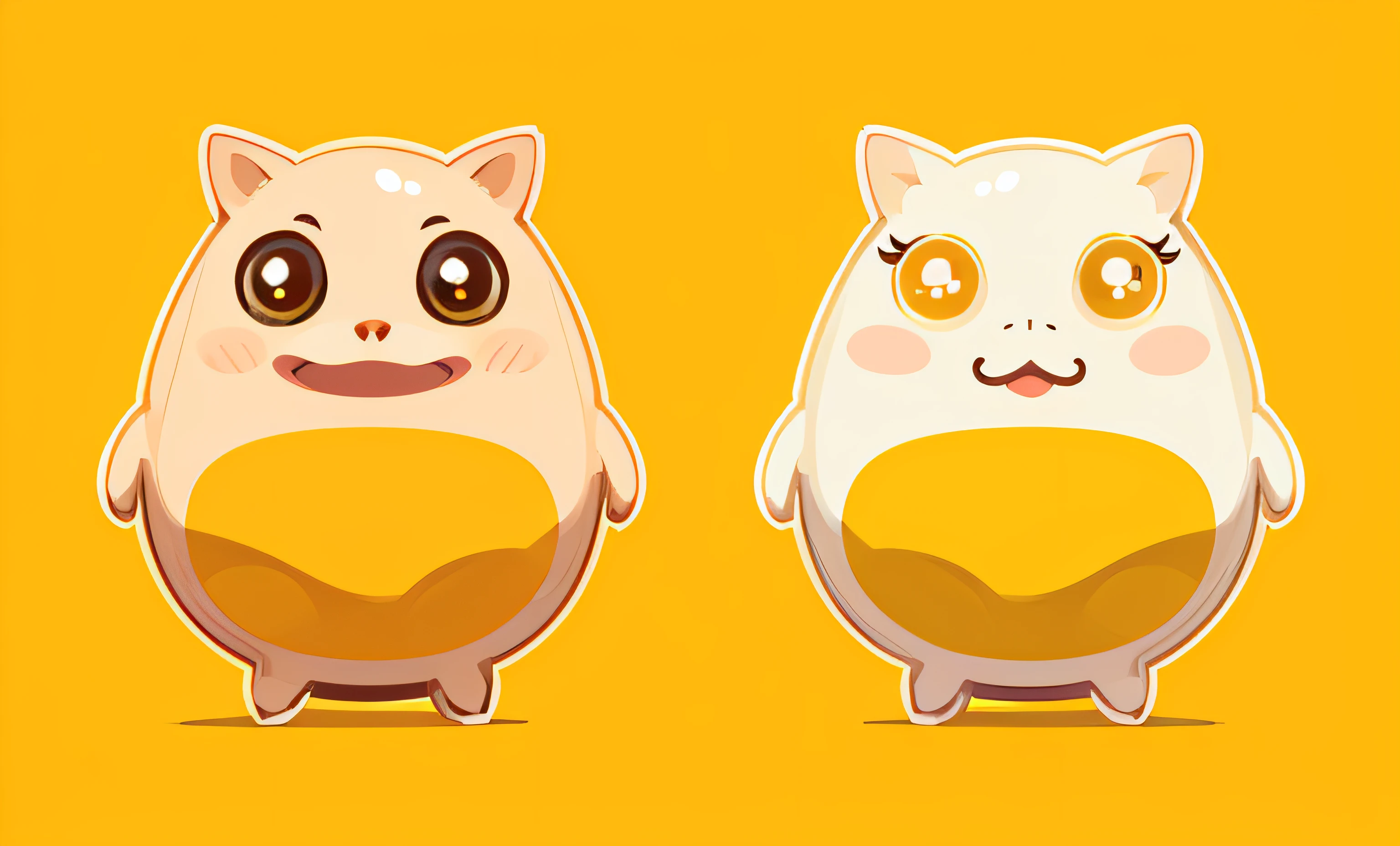 cartoon characters of a cat and a pig standing side by side, two characters, cute face big eyes and smiley, two different characters, Cute characters, illustration of 2 cats, yellow rat pig, adult pair of twins, blob anime, mixture between an! owl and wolf, with two characters, with round cheeks, japanese mascot, round - face, umaru-chan