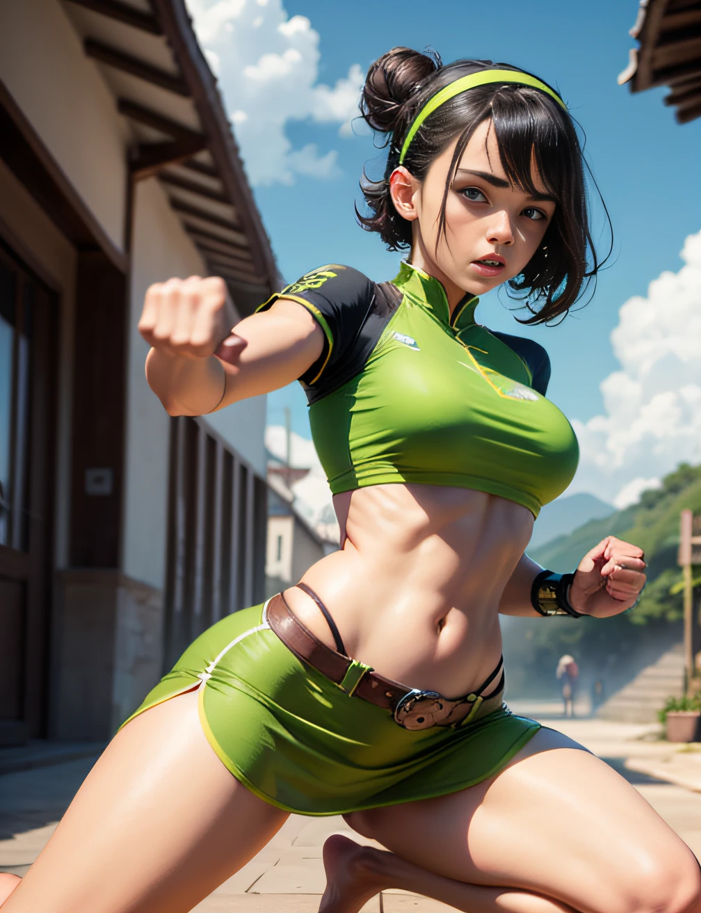 masterpiece, best quality, highres, 1girl, solo, black hair, hairband, belt, short hair, dress, blue eyes, hair bun, green hairband, blind, chinese clothes, hair bun, green dress, short sleeves, pelvic curtain, barefoot, fighting stance, rock, outdoors, Perfeito, linda. calcinha rasgada, danificada, pele brilhante, úmidecida, --auto