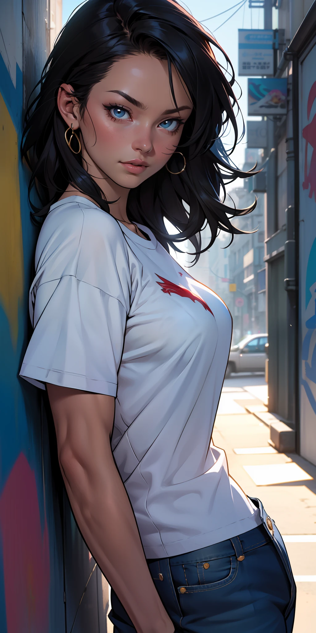 , (beautiful and clear background:1.2),, fantastic paintings ,graffit style, olhos altamente detalhados , a white t-shirt or tatoon stamp , ultra detailed hair, masterpiece, best quality, high quality, highres, detail enhancement, ((most beautiful image in the world)), masterpiece, best quality, high quality, highres, detail enhancement, ((most beautiful image )),with short, shiny black hair, t-shirt, wearing jeans,, art by stjepan sejic, art by j scott campbell, art by guillem march, art by citemer liu, 4k, high resolution, comic book character, comic, high quality detailed, style ::2.0 comix illustration style,tatoon style, high quality, highres, detail enhancement, 8k, hd, best quality, high quality, highres, detail enhancement, 8k, hdr, sharp focus, ultra detailed, perfect lighting